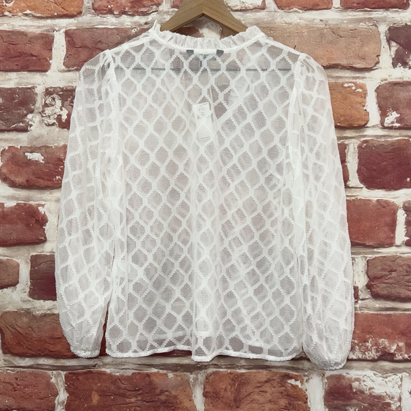 Banana Republic Top Shirt Womens XS White Diamond Abstract Burnout Sheer Popover