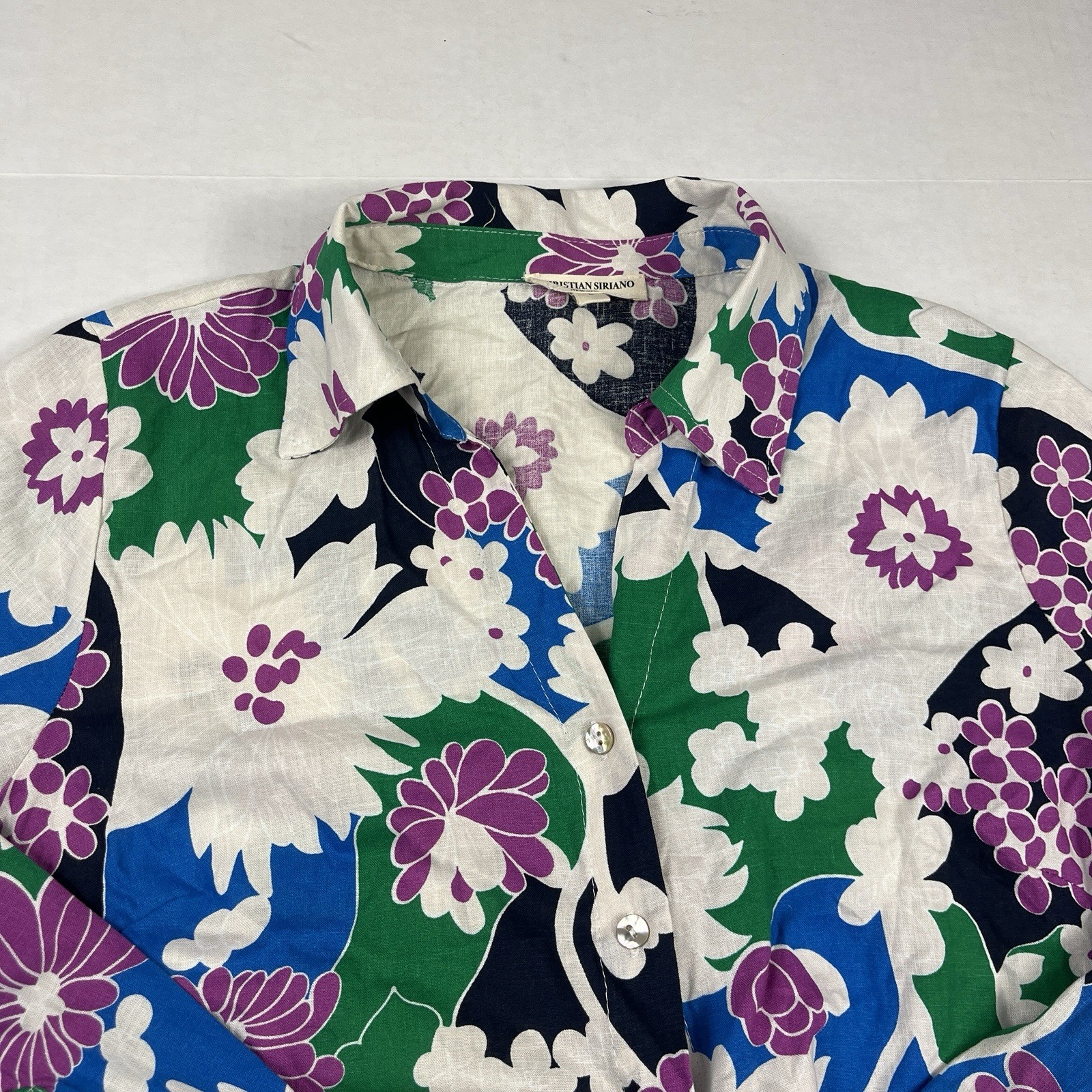 Christian Siriano Tie Front Button Shirt Floral Long Sleeve Tropical Top LARGE