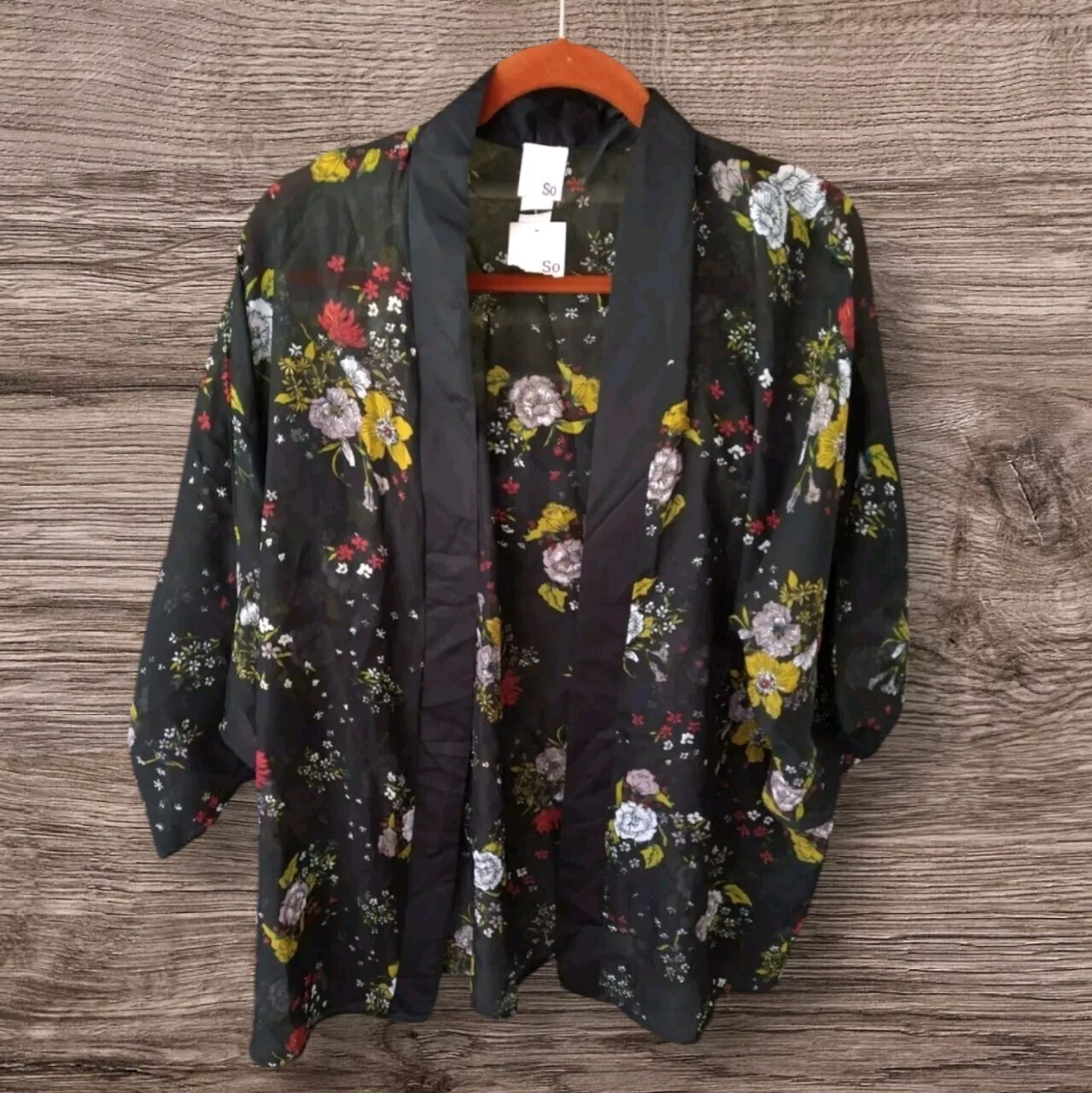 Kimono One Size Semi Sheer Top Black Floral open front Caftan Swim Suit cover