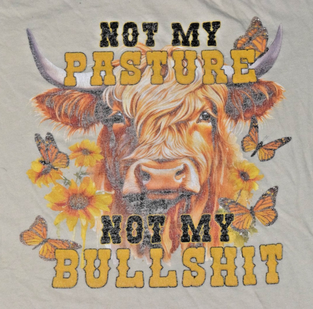 VTG Bella Canvas Highland Cow T-Shirt Size L Y2K Not My Pasture Funny Distressed