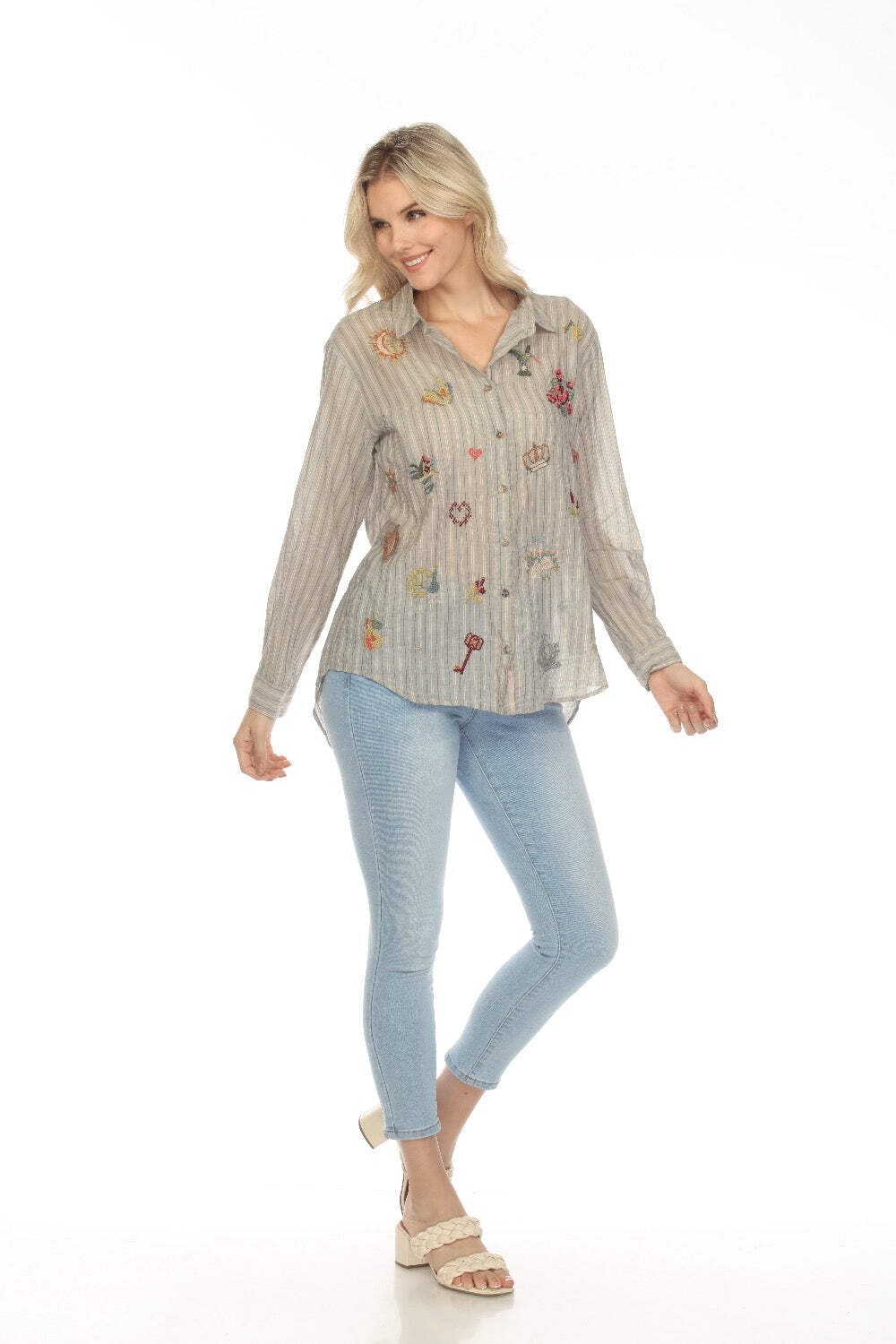 Johnny Was Workshop Alexandria Striped Embroidered Oversized Shirt Boho Chic W15