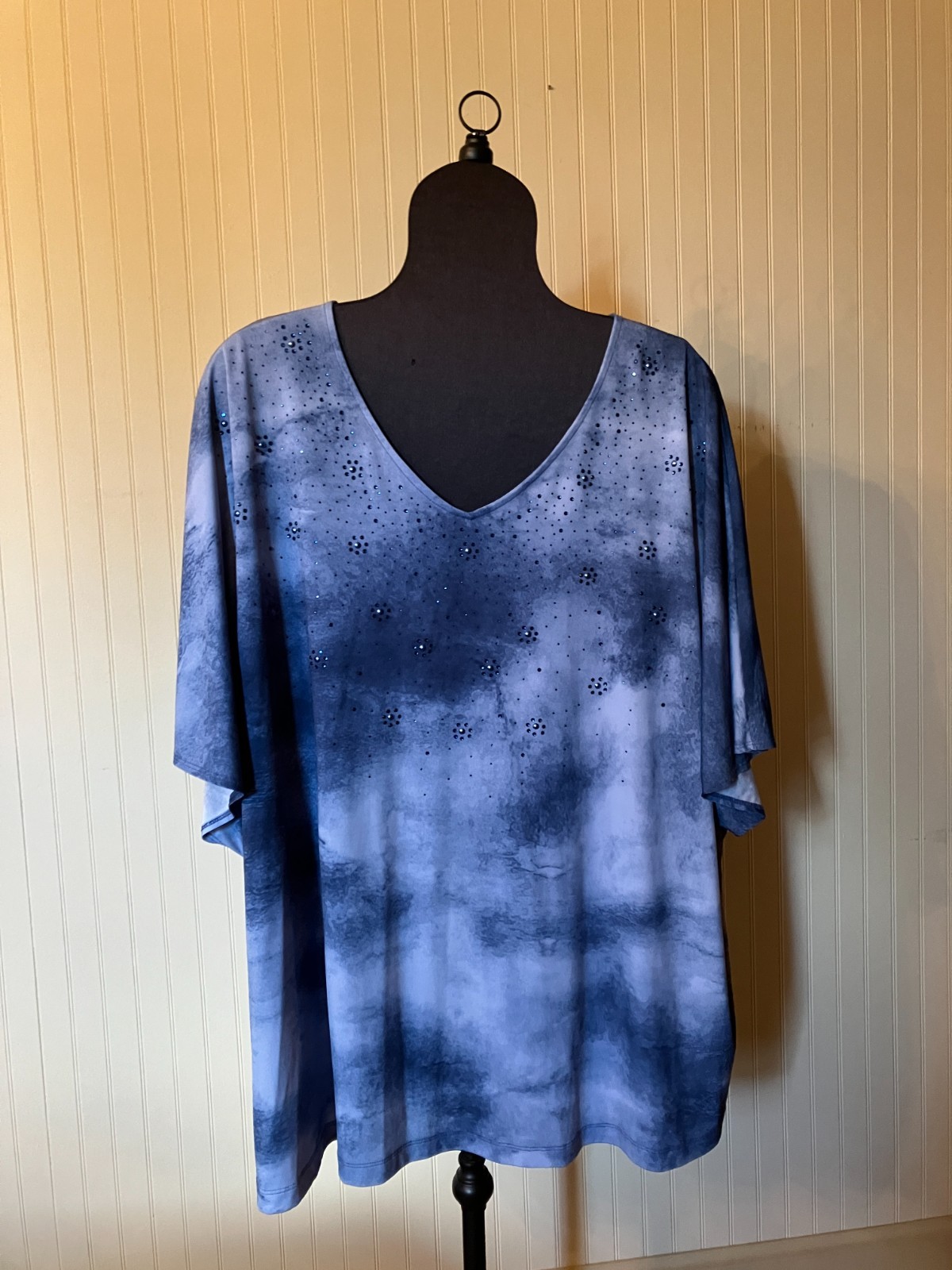 CATHERINES ~2X~Dark Coastal Blue Tie Dye~Flutter SLV~Studs~Slinky Knit Tunic Top