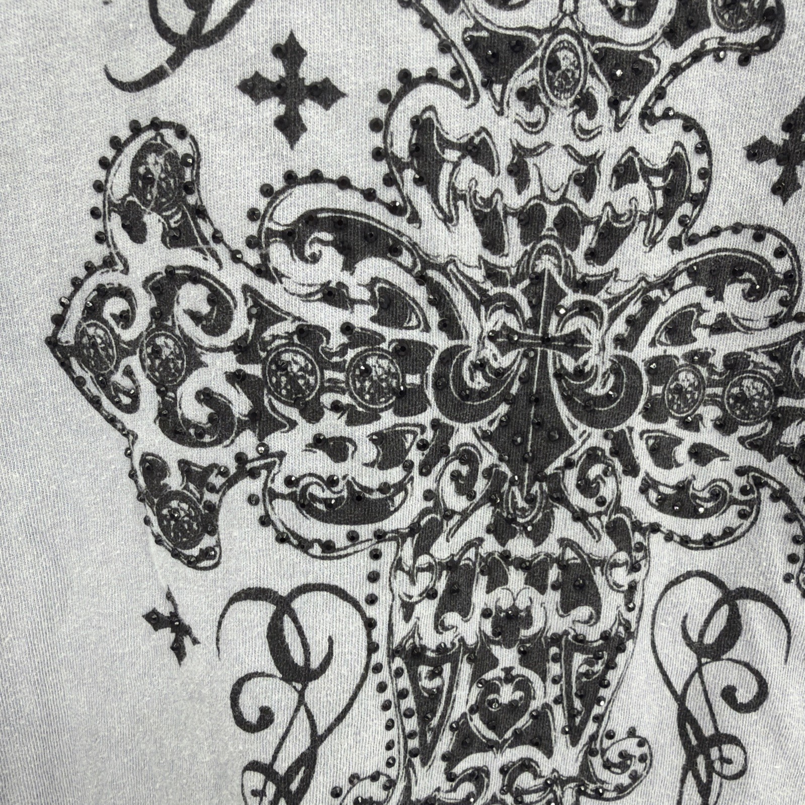 Affliction Hail Mary Long Sleeve Sz M Gray Beaded Cross Braid Cris-cross Bacl
