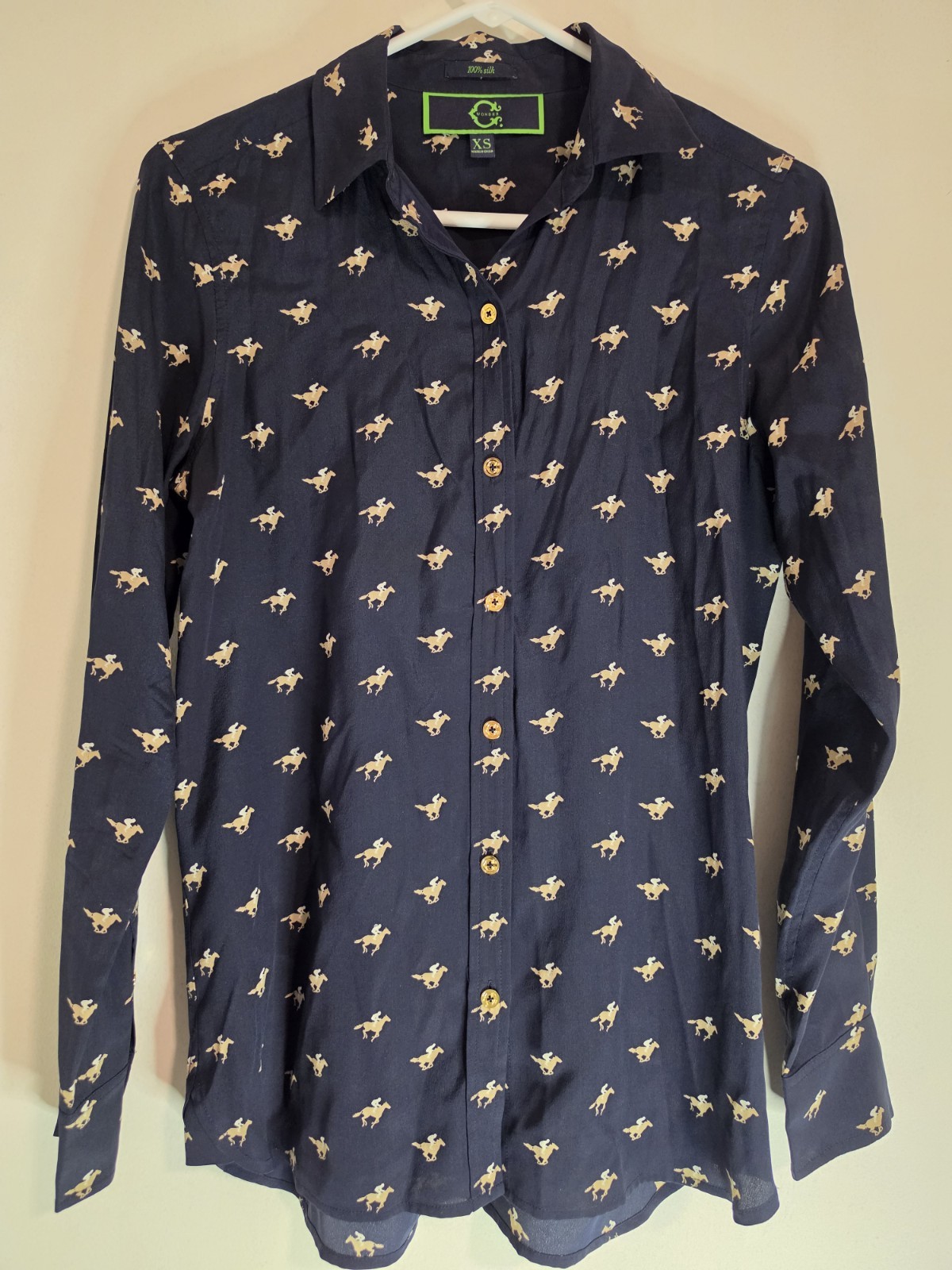 C Wonder 100% Silk Button-Down Shirt Size XS Navy Blue With Horse Print