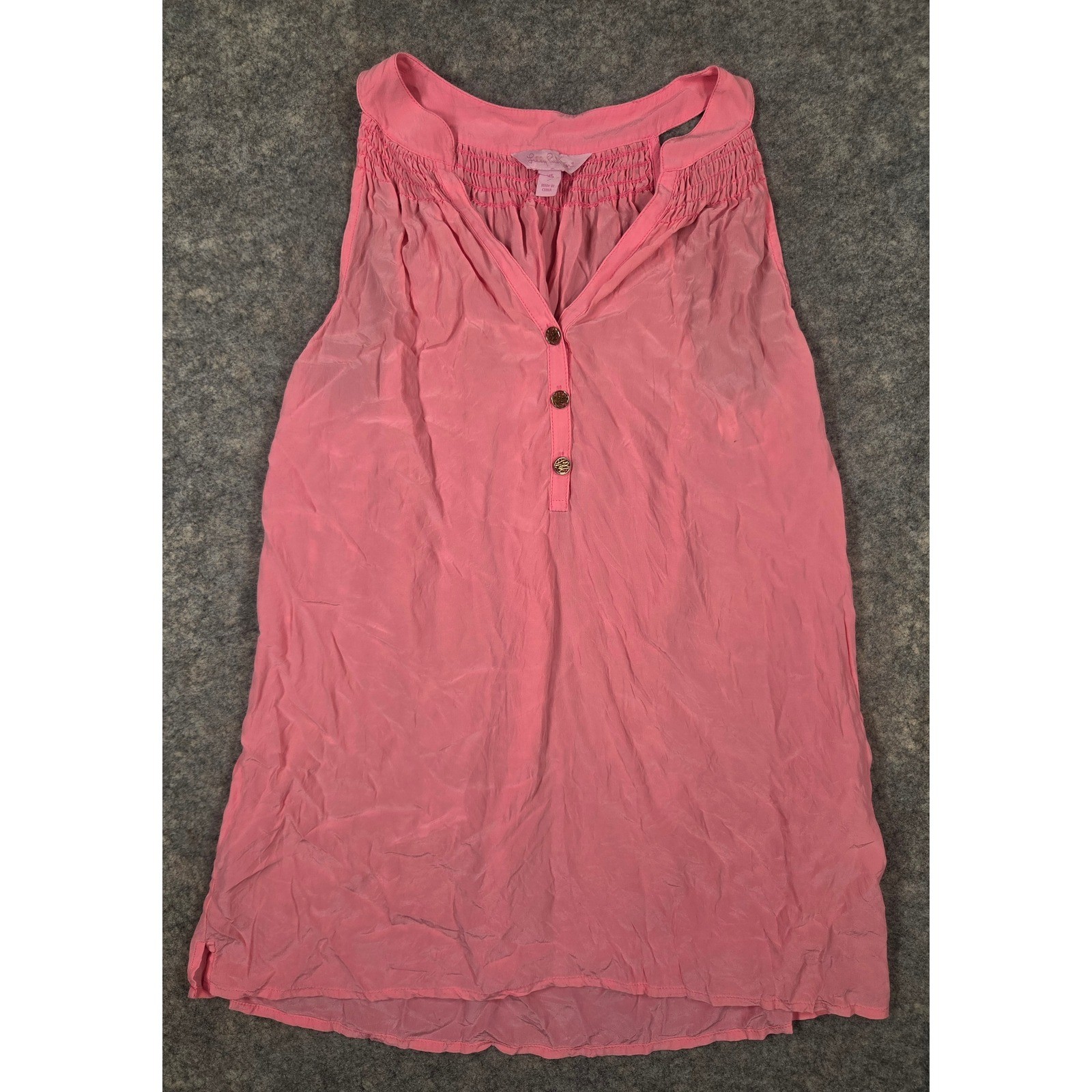 Lilly Pulitzer Pink 100% Silk Smocked Henley Sleeveless Blouse Top XS RN88189
