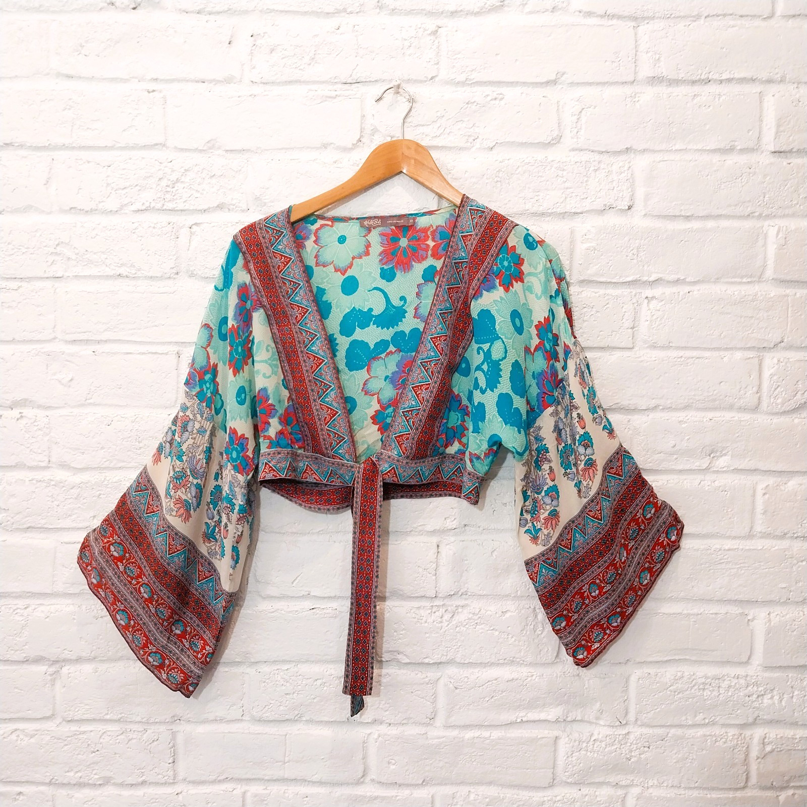 Hale Bob 100% Silk Kimono Crop Top Womens S Multicolor Print Boho Blouse V-Neck