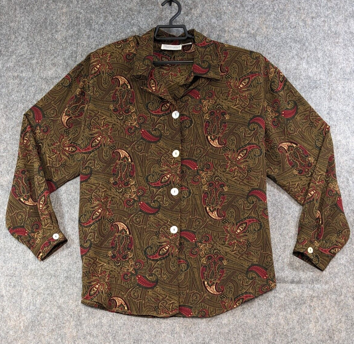 Vtg Impressions of California Top Women Extra Large Green Red Paisley Button-Up