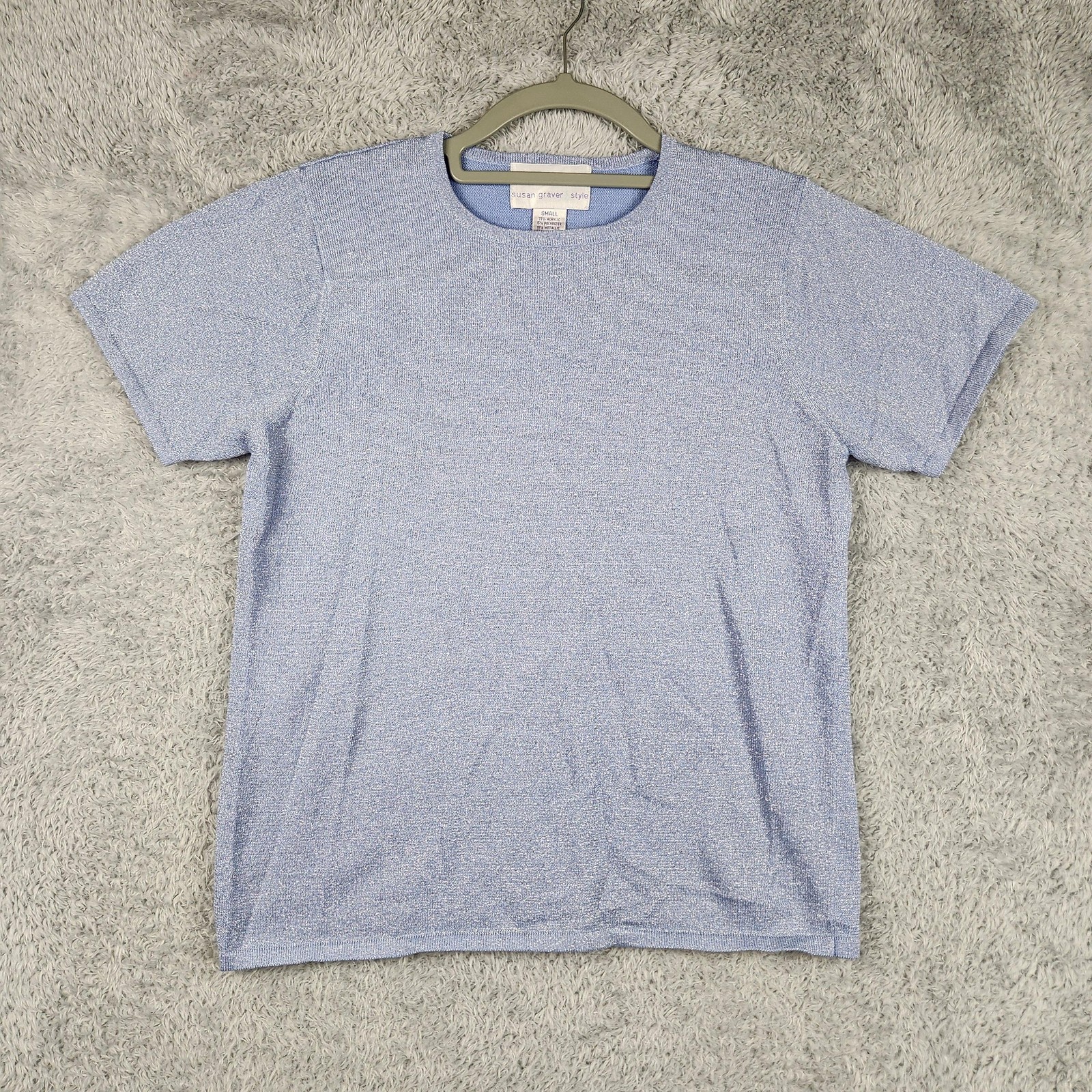 Vintage Susan Graver Shirt Womens Small Blue Metallic Knit Top Disco Retro 90s