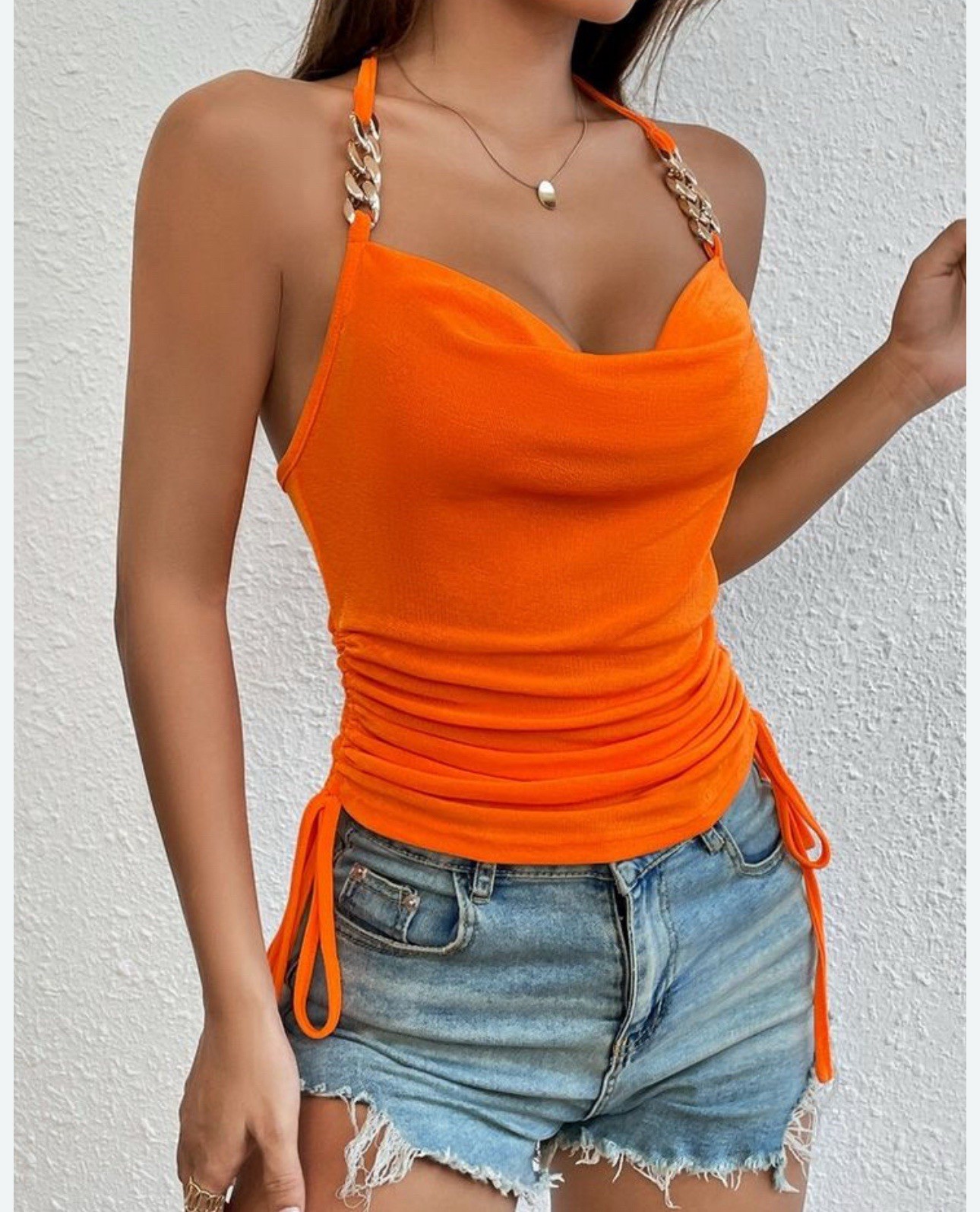SHEIN Woman’s Haltered Draped Top Chain Detail, Drawstrings At Each Hip
