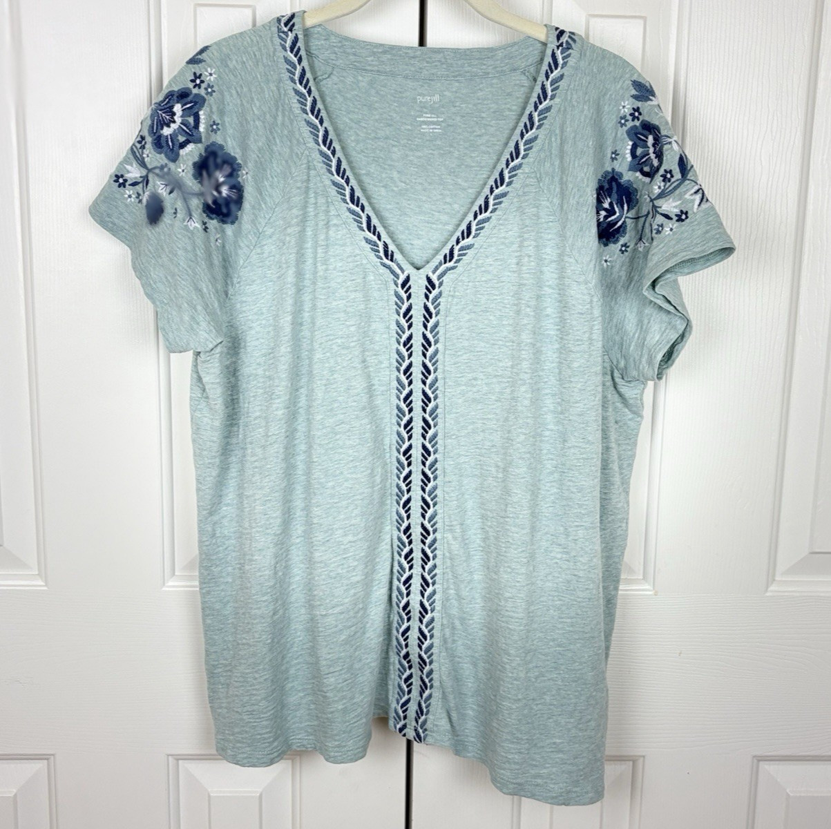 Pure Jill Embroidered Top Large Green Navy Blue Floral Short Sleeve V Neck