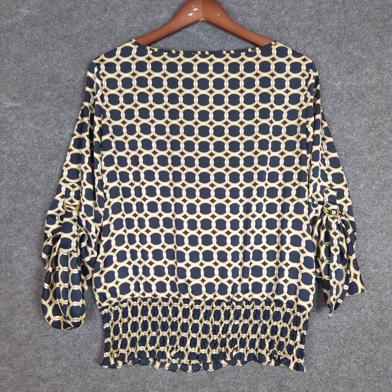Michael Michael Kors Navy Gold Chain Link Smocked Waist Blouse Top Medium M