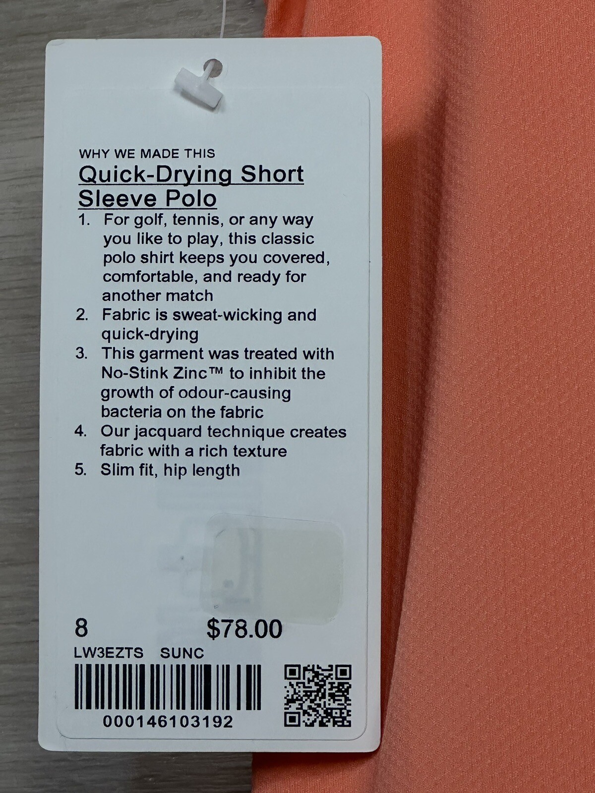 Lululemon Quick Drying Short Sleeve Polo Slim Size 8 Sunny Coral 03192