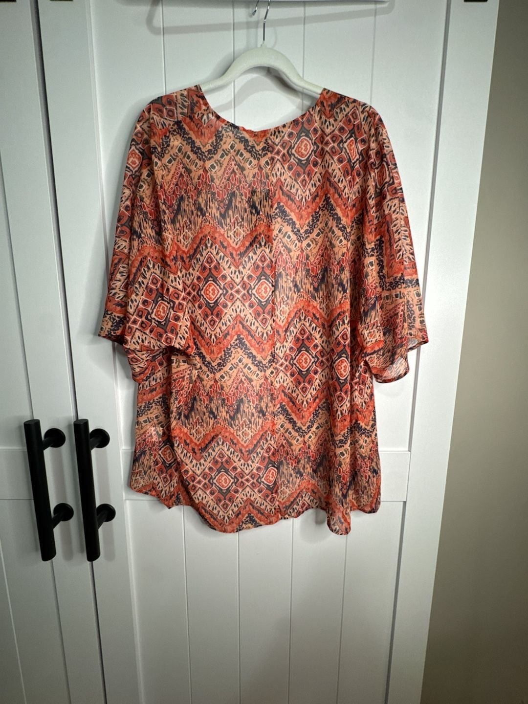 Ofeefan Lightweight Boho Orange Tribal Print Kimono Cardigan Cover Up Size L