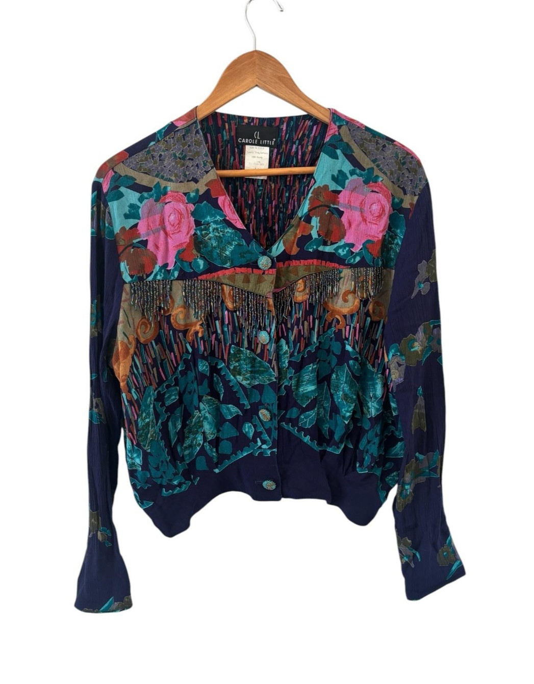 Vtg Carole Little Beaded Blouse Womens 10 Multicolor Floral Boho Artsy Festival