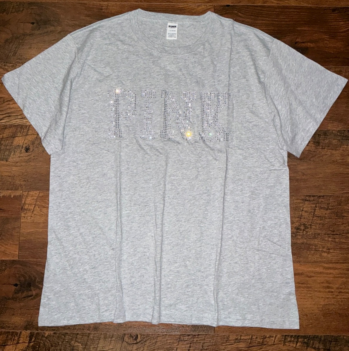 Victoria’s Secret Pink Bling Rhinestones Logo Campus Tee Shirt L Fashion Show 25