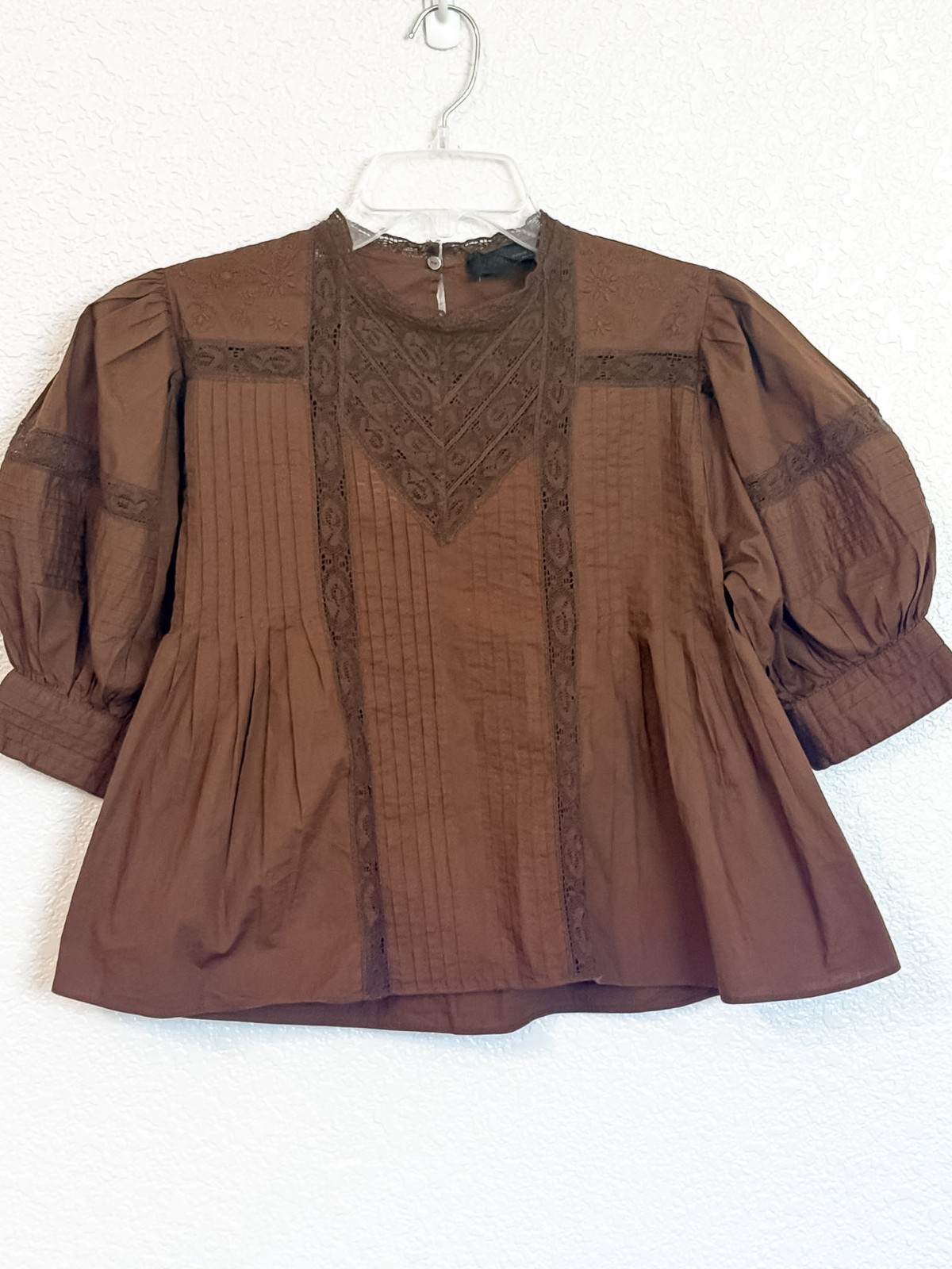 Zara ZW Collection Pleated Lace Blouse Women’s XS Brown Romantic Prairie