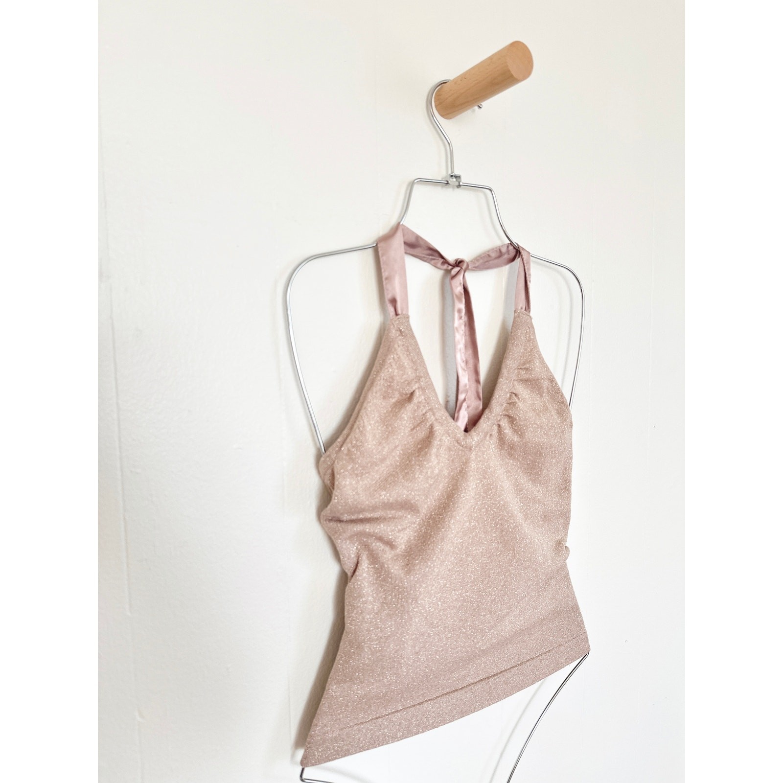 Vtg Y2K Bebe Champagne Gold Metallic Knit Halter Top Holiday Glam Sweater S / M