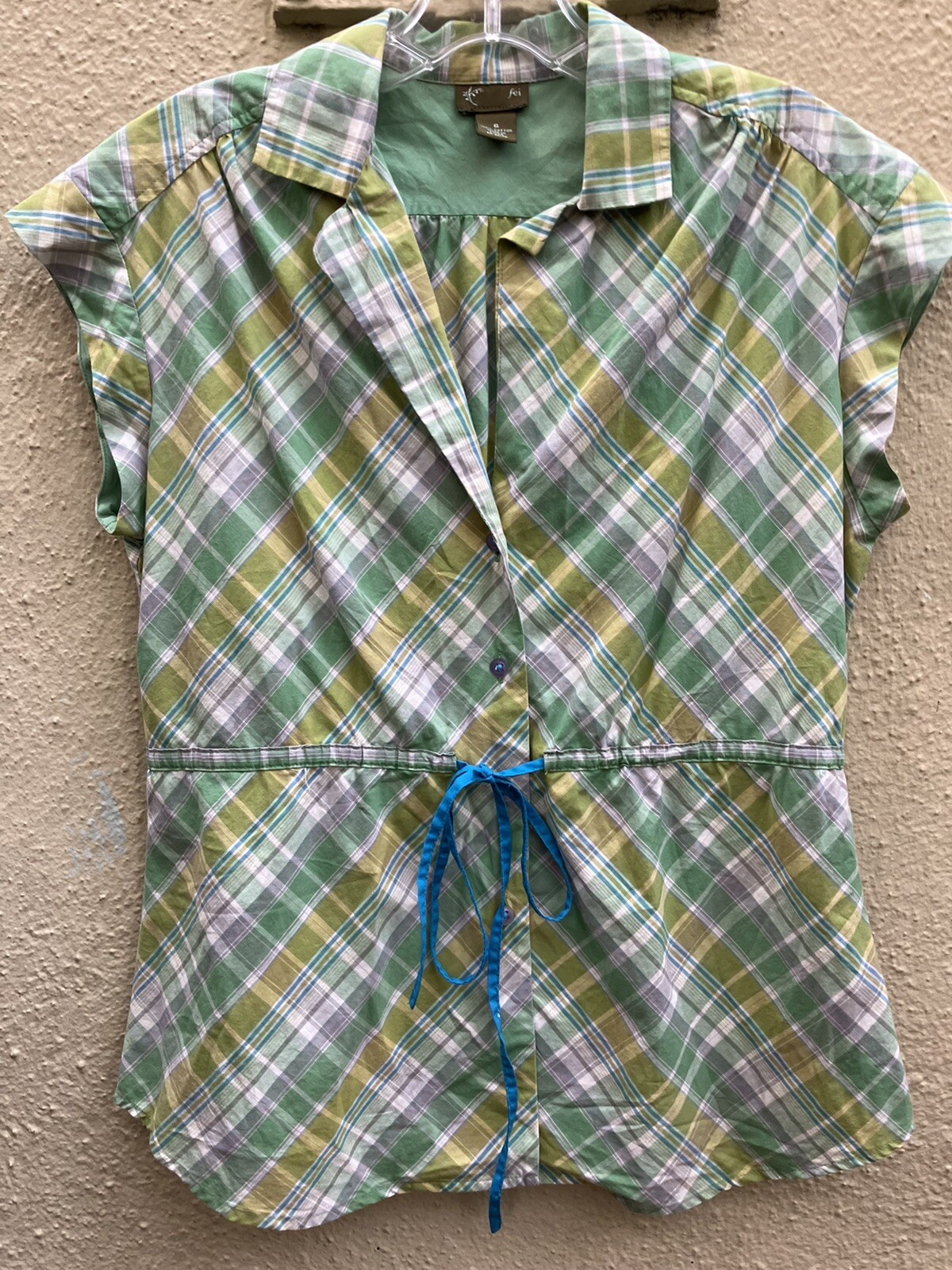 Anthropologie Fei Retro 50’s Blouse Size 6 100% Cotton Plaid Tie-Waist