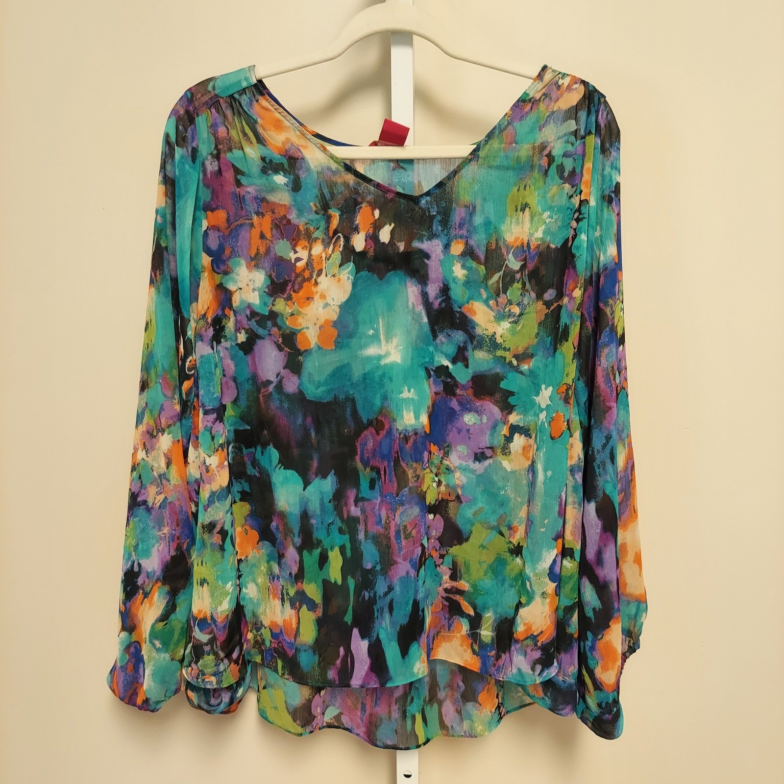 Sunny Leigh Womens L Abstract Floral Chiffon Blouse Top Boho Artsy Maximalist