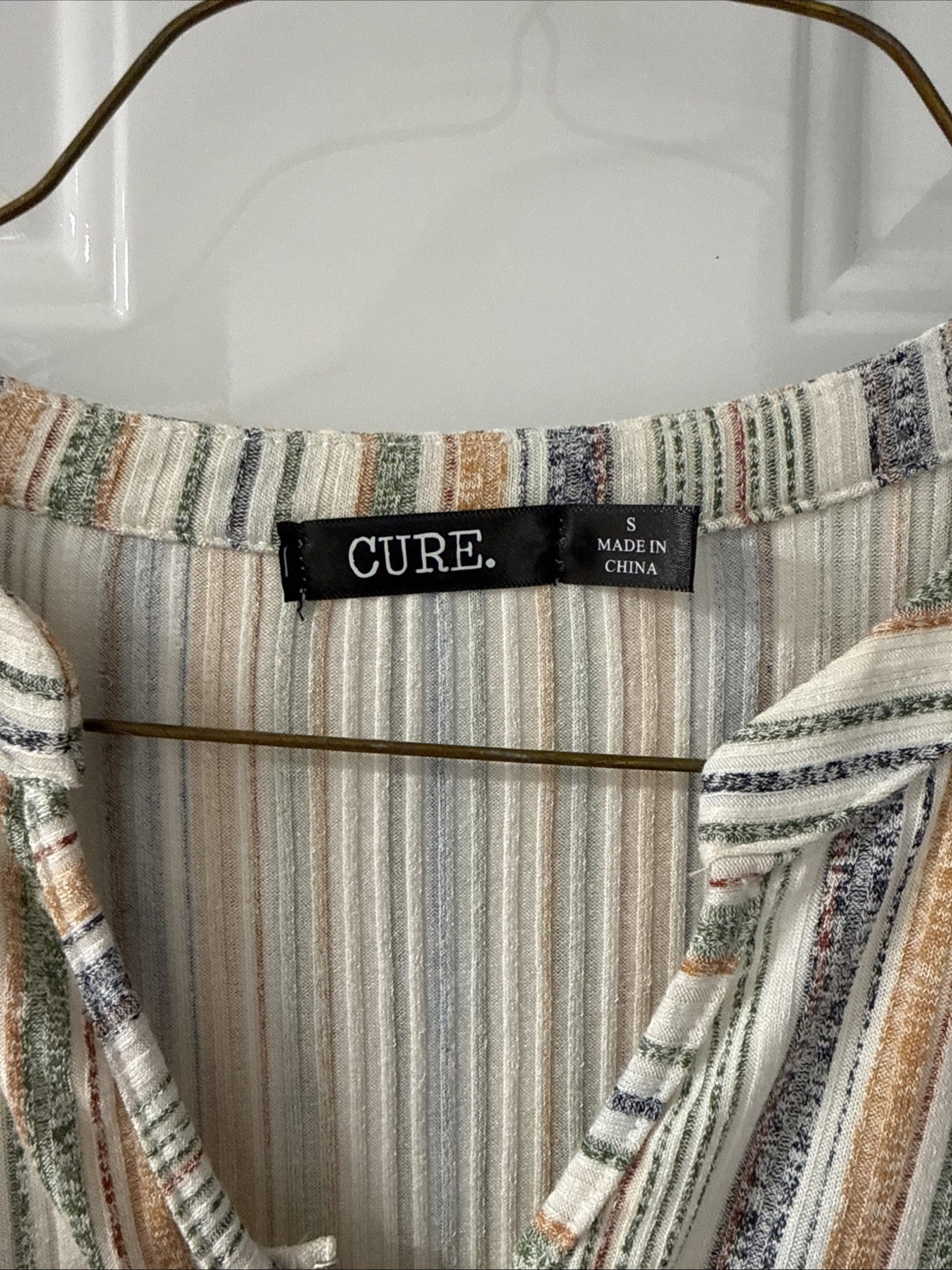 Cure Multicolored Striped Zip V-neck Short Cuffed Sleeve Blouse Small New