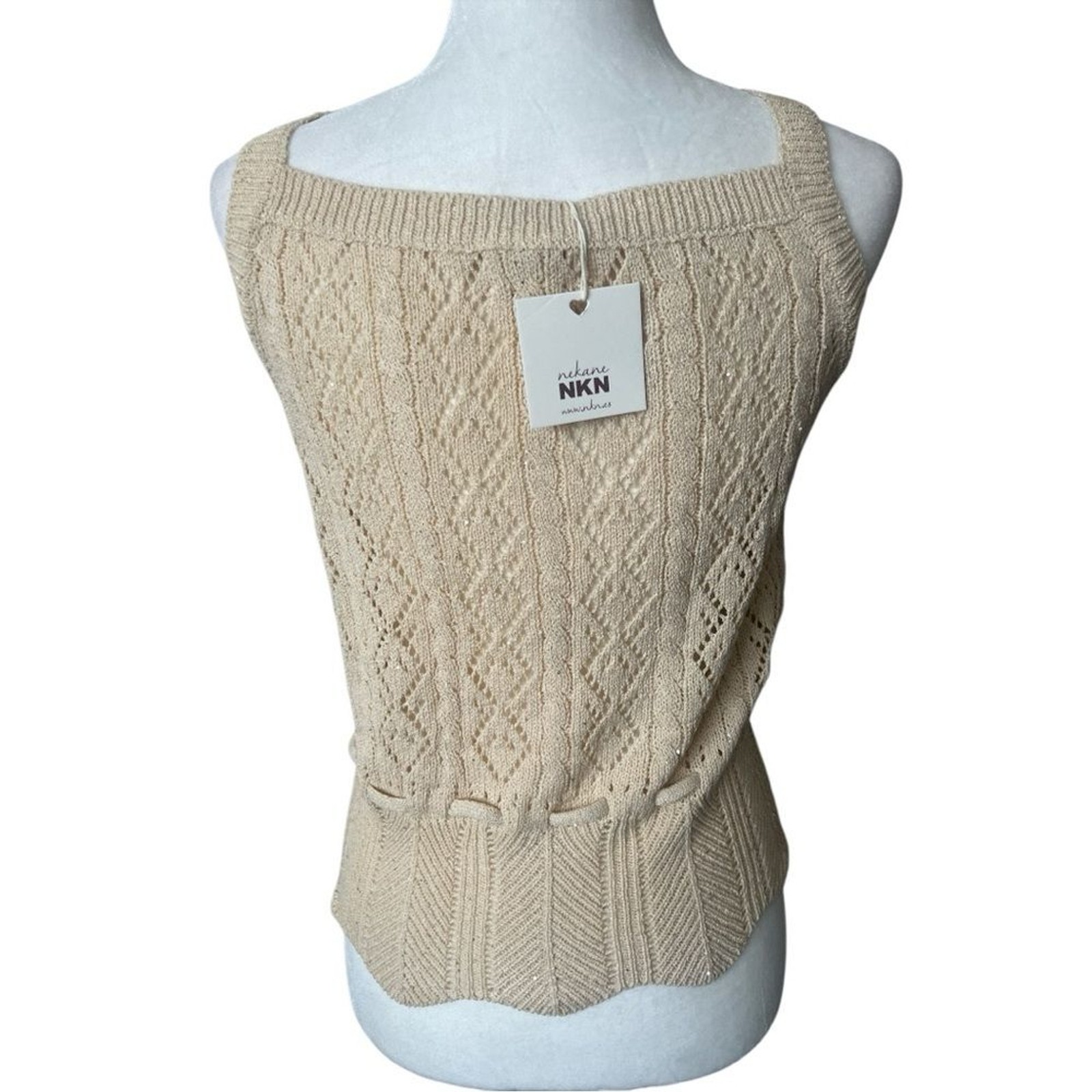 NKN Nekane Ecru Beige Sequin Knit Sleeveless V-Neck Tank Drawstring Waist Medium