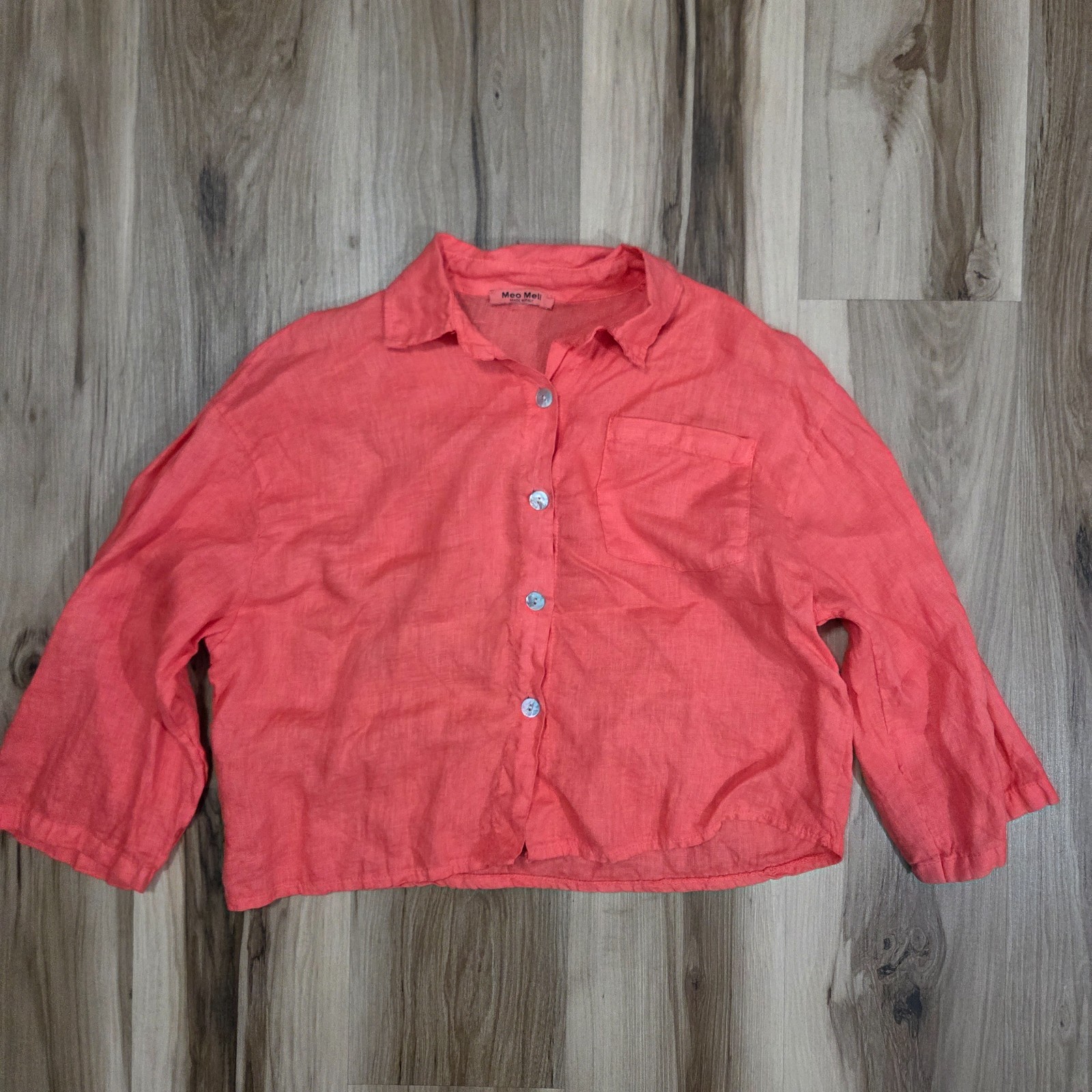 Meo Meli Italy Button Up Shirt Womens One Size Red Crop Linen Pocket