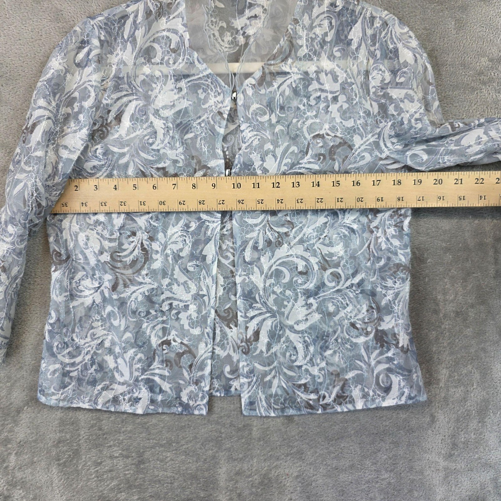 Leporte Tokyo Style Blouse Womens M Blue V Neck 3/4 Sleeve Sheer Floral Lace