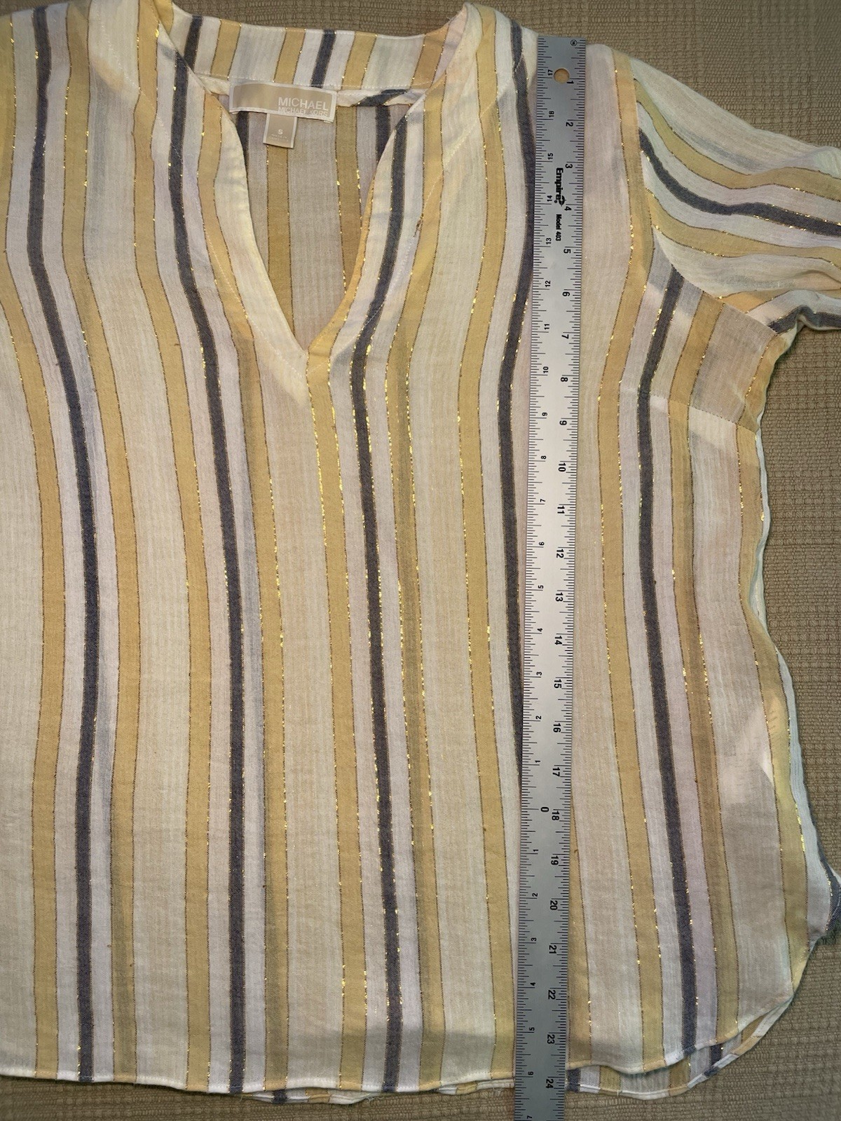 Michael Kors Women’s S Tie Sleeve Blouse Ivory/Gold/Metallic Striped Blouse