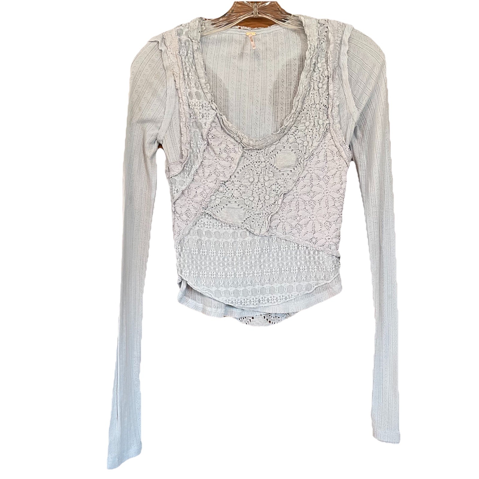 Free People Taylor Top Size XS Gray Dawn LS Short Length Lace Details