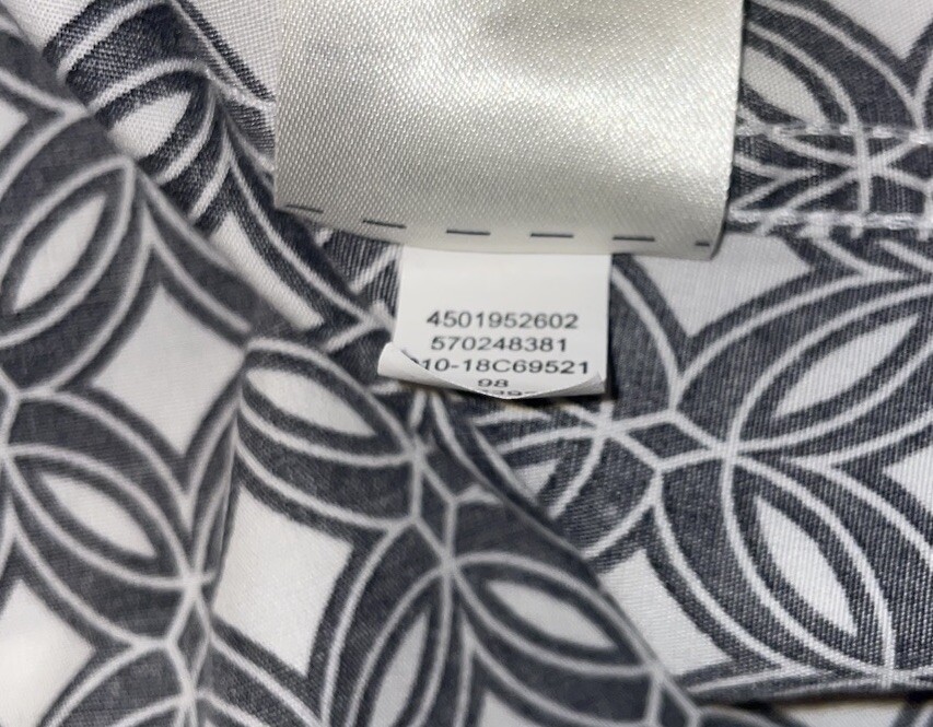 Chicos Sz 2 Large No Iron Blue White Geometric Pleat-Back Cotton Shirt EUC