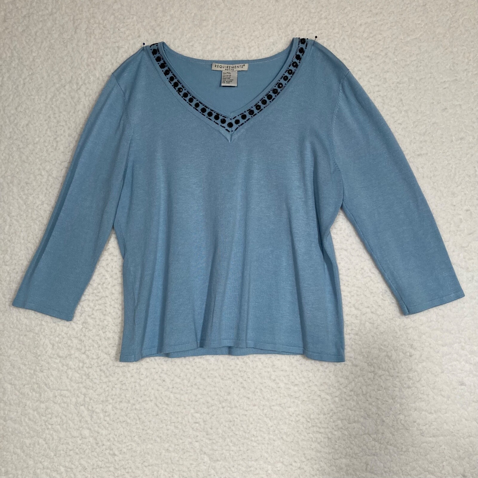 Requirements Petite PXL Womens Blue Pullover Top with Beaded embellishments