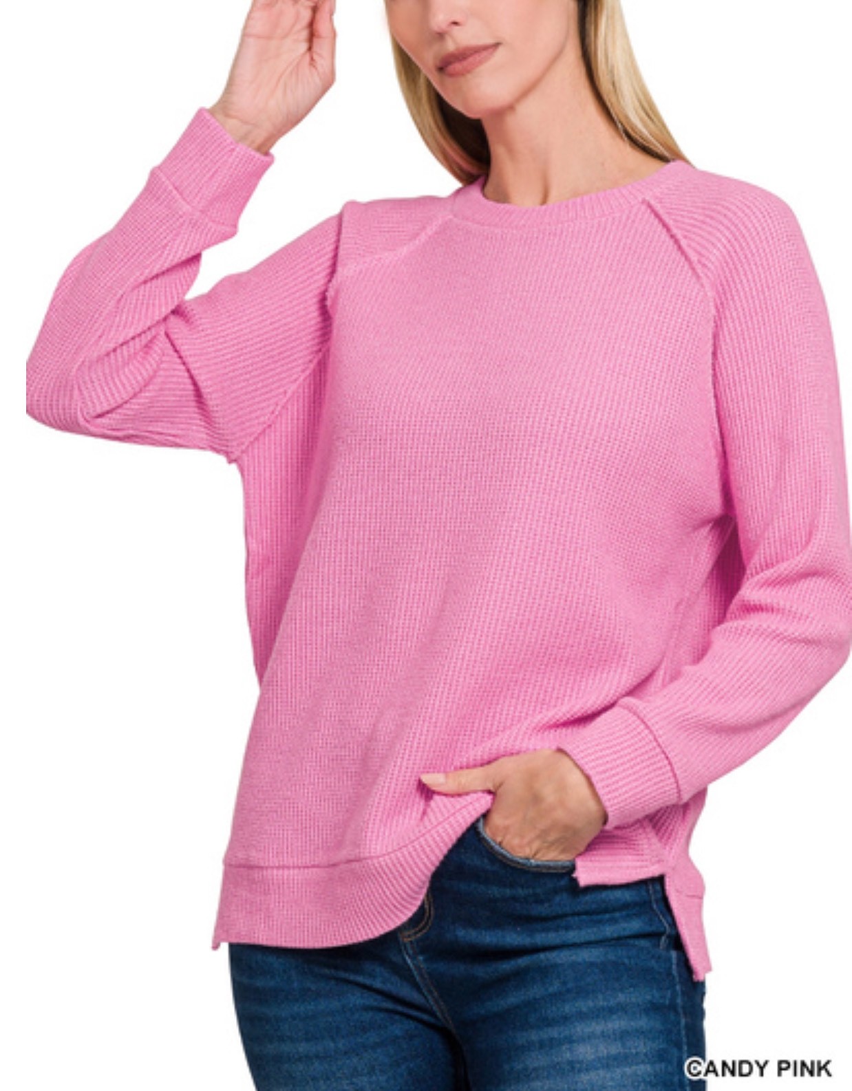 ZENANA 2475 Waffle Knit Top Long Raglan Sleeve Split Sides Sweater