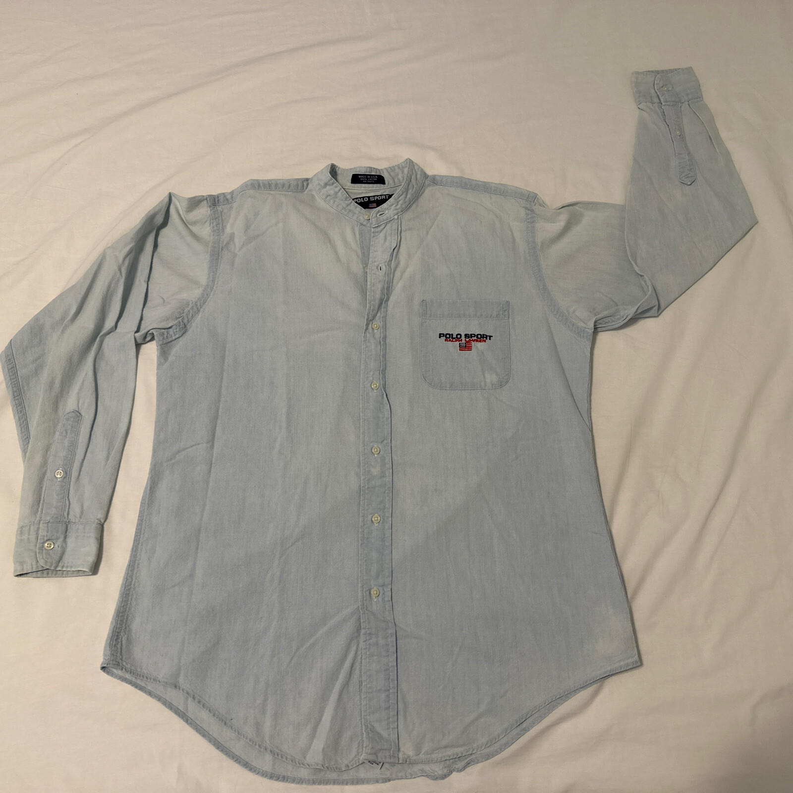 Vintage POLO RALPH LAUREN Sport Spell Out USA Flag Button Shirt 90s Blue XL