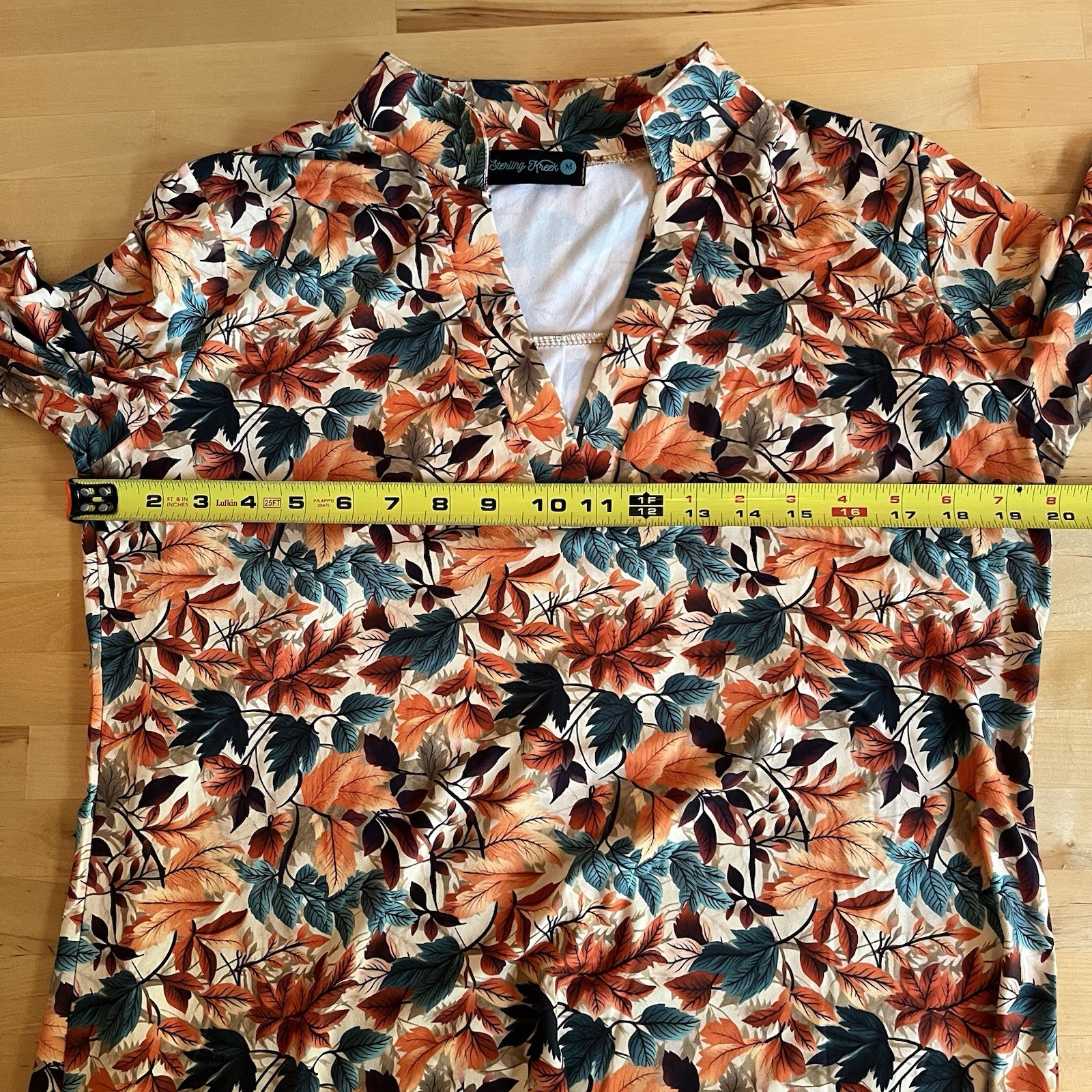 Sterling Creek Fall Leaf Print Boho Artsy V-Neck 3/4 Sleeve Stretch Shirt Sz M