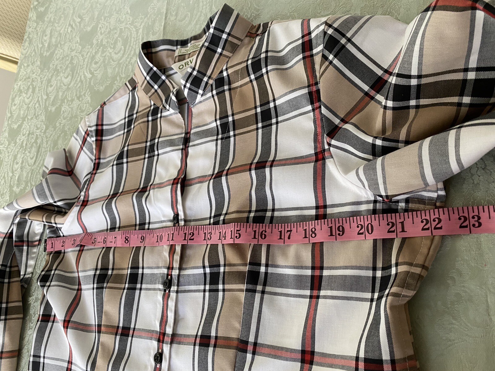 Orvis Women Size 14 Carefree Long Sleeve Plaid Shirt Button-up Stand collar A936