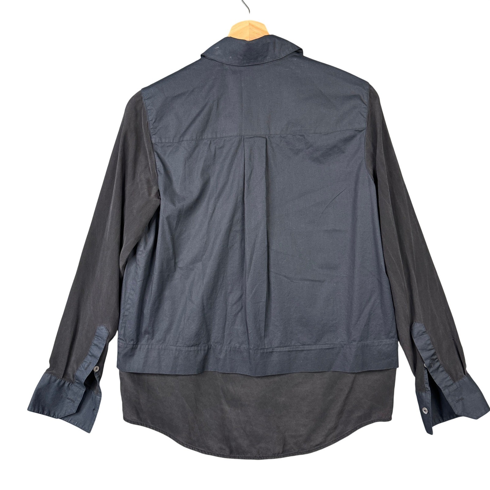 Vince Mixed Media Cotton Silk Button Down Shirt Black Navy Size 4 Long Sleeve