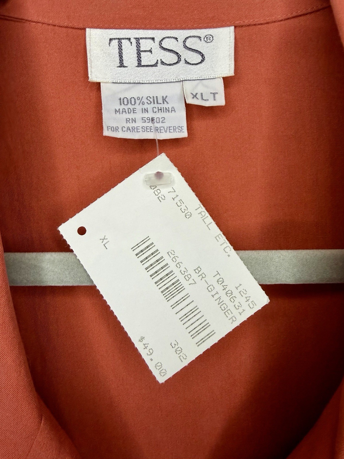 NWT TESS 100% Hand Loomed Silk Blouse Shirt XLT Orange Safari Button Up Vintage