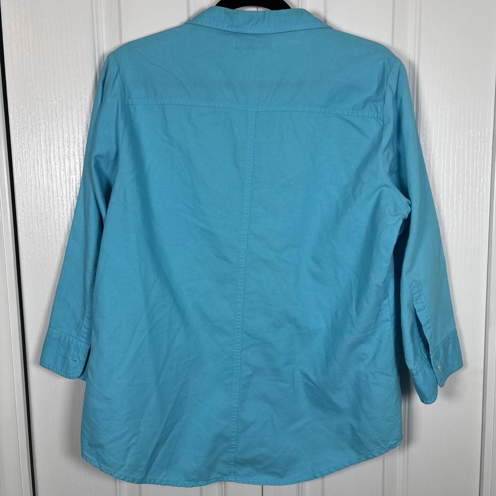 Fresh Produce Oxford Button Up shirt 100% Cotton Asymmetrical Pocket Turquoise L