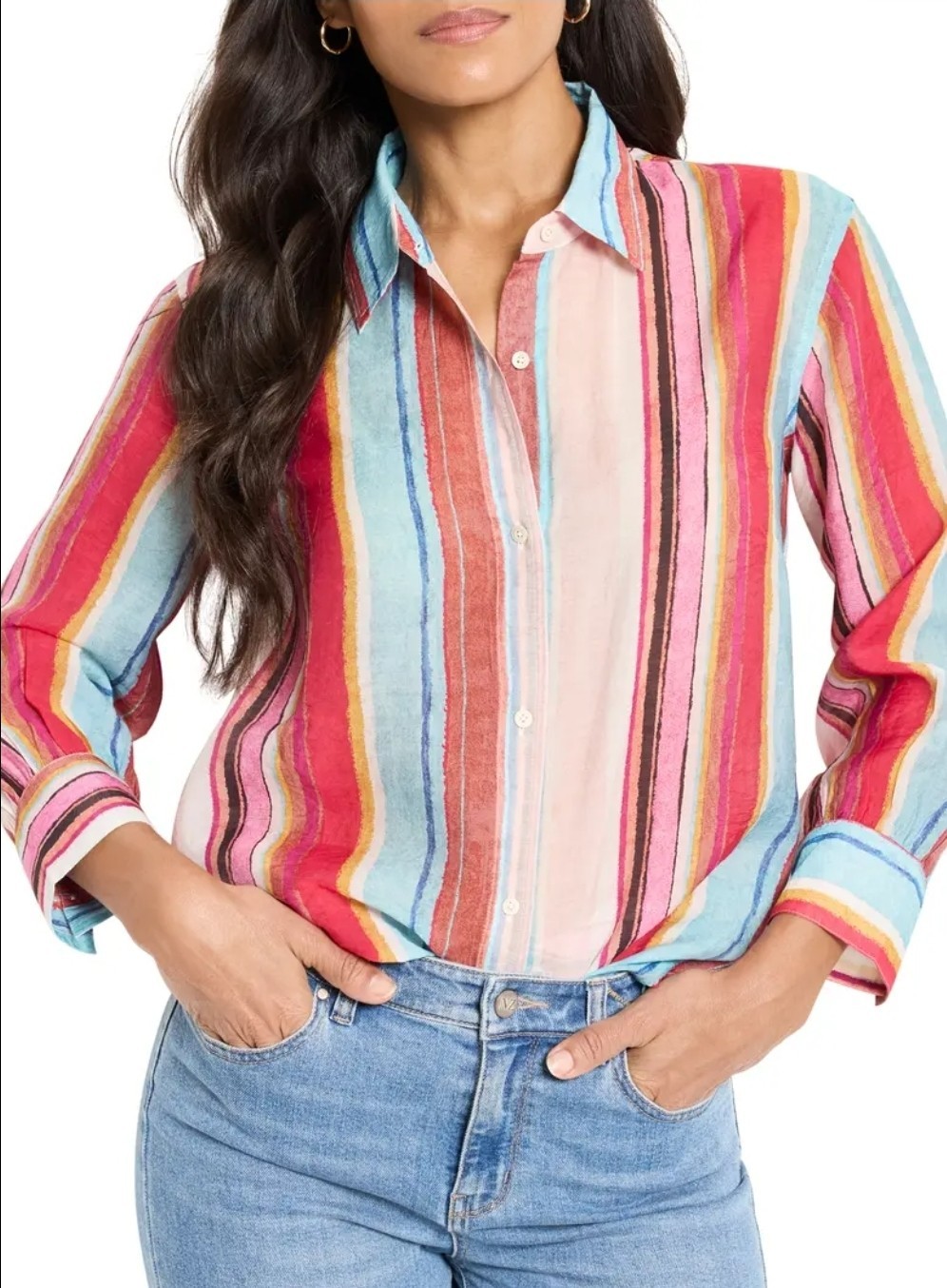 NIC+ZOE Women’s Small Tencel Striped Button Up Shirt Colorful Lightweight