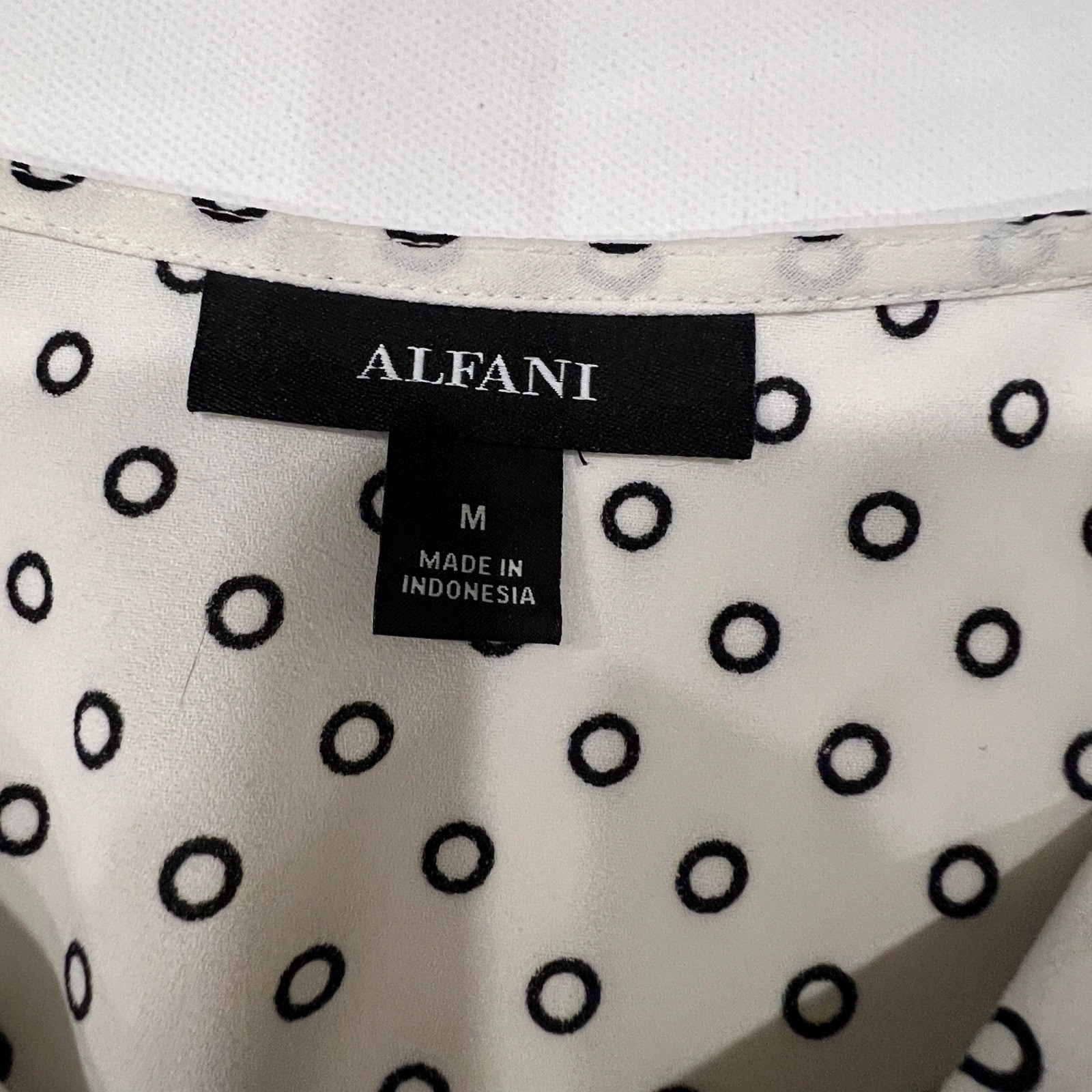 Alfani Blouse Women M Black White Circle Print Tie Waist Balloon Sleeve Mod