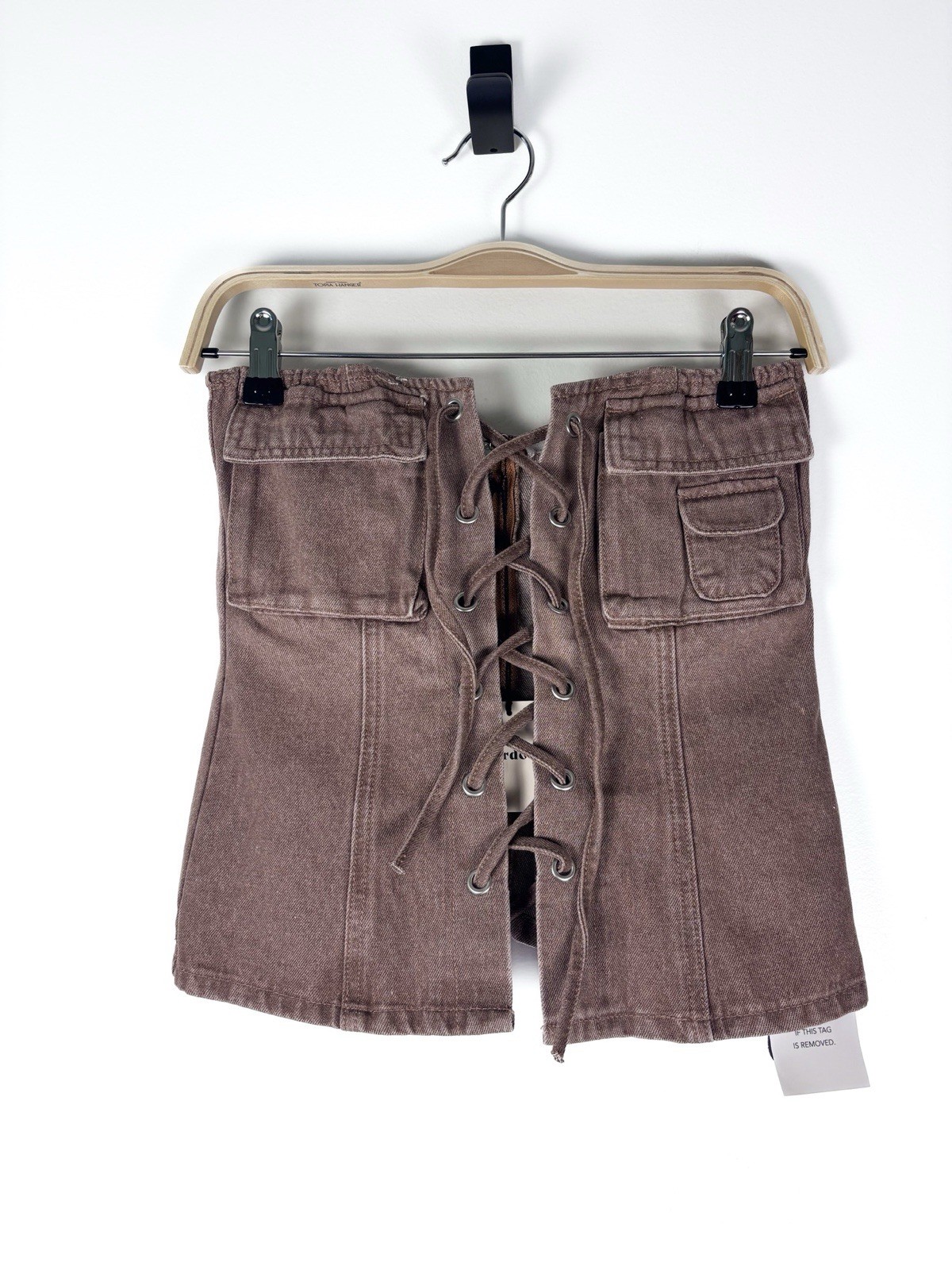 Superdown Revolve Jasmine Brown Lace Up Corset Strapless Denim Tube Top NWT
