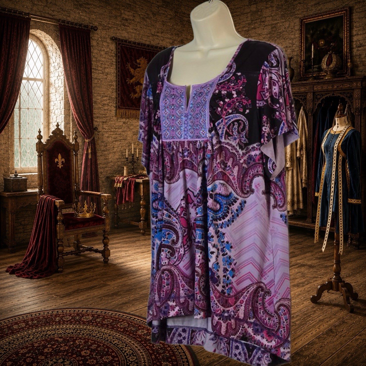 Avenue Plus Size 18/20 Paisley Embroidered Tunic Top Purple High Low Stretch