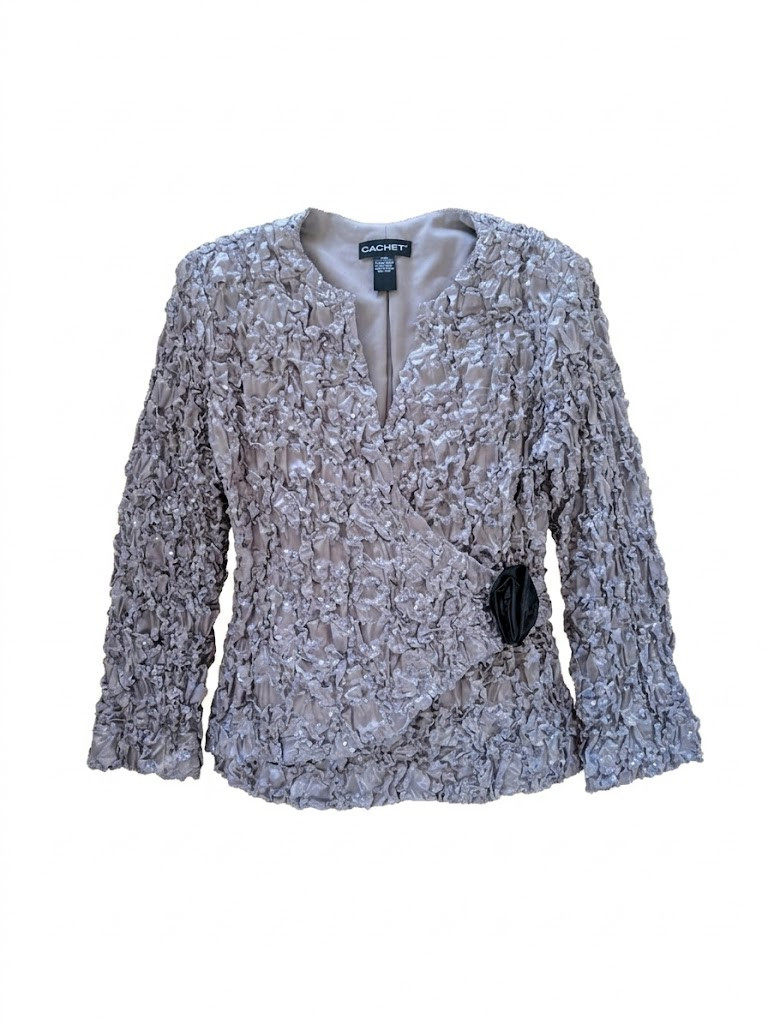 Cachet Crinkle Top Womens XL Gray Silver Black Rose Elegant Evening Party Luxury