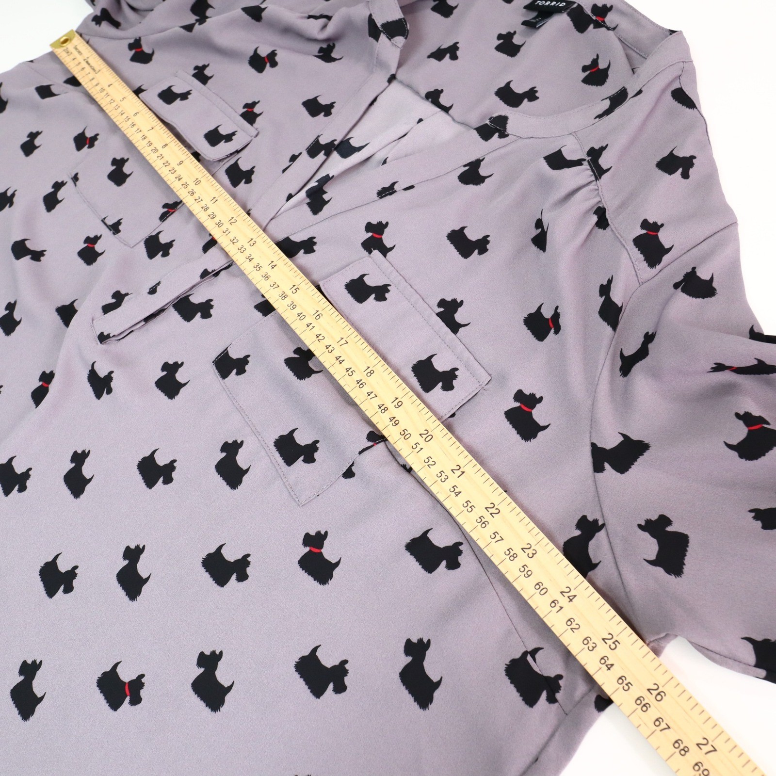 Torrid Scottie Dog Georgette Harper Blouse 2 Gray Roll Tab Sleeve Pocket Terrier