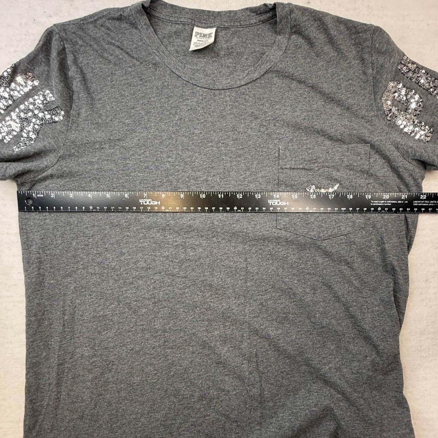 Victoria’s Secret PINK Short Sleeve Sequin Logo T-Shirt Gray Large Y2K bling