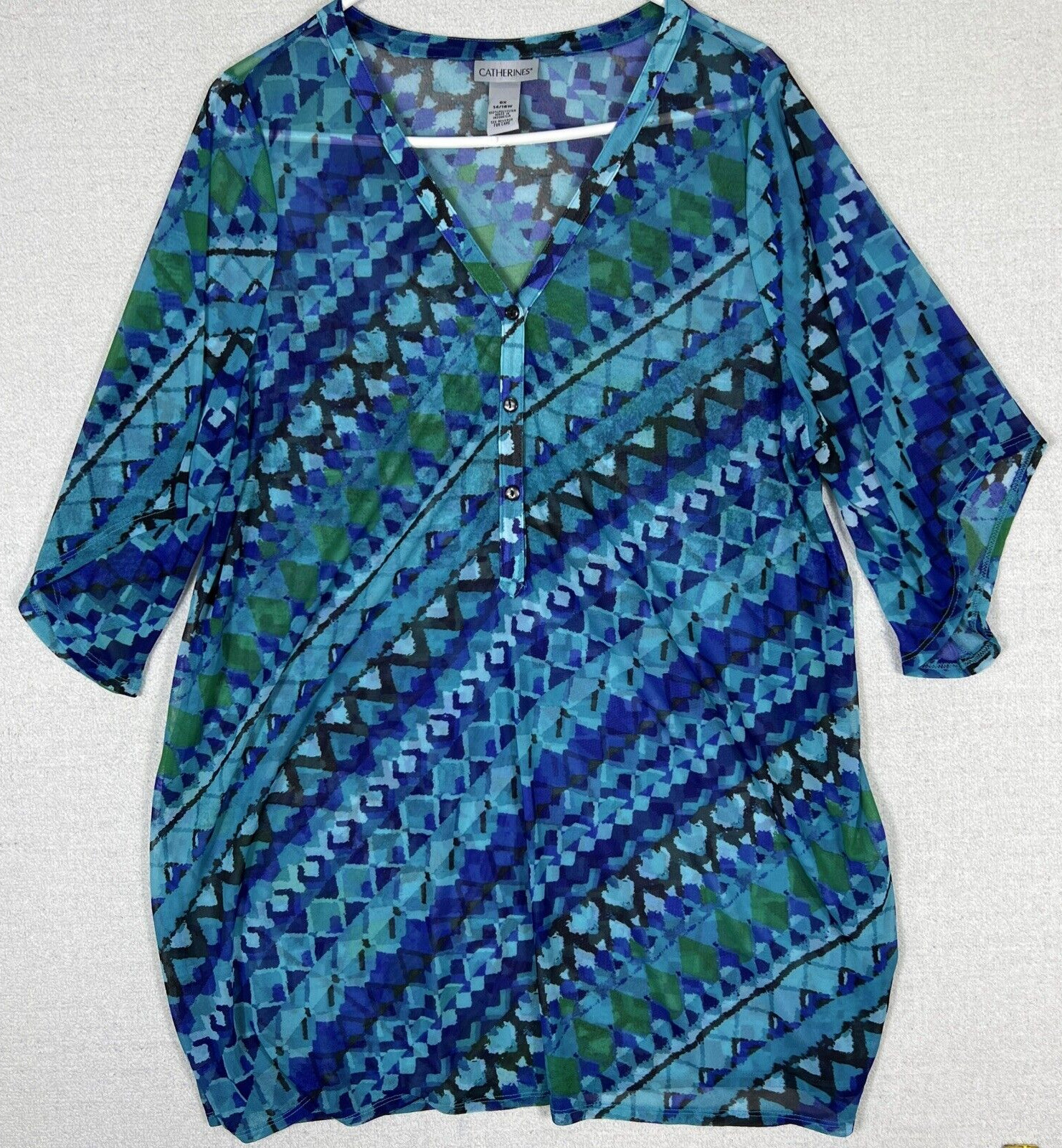 Catherines 1/2 Button Long Top Blouse Womens 0X Chiffon