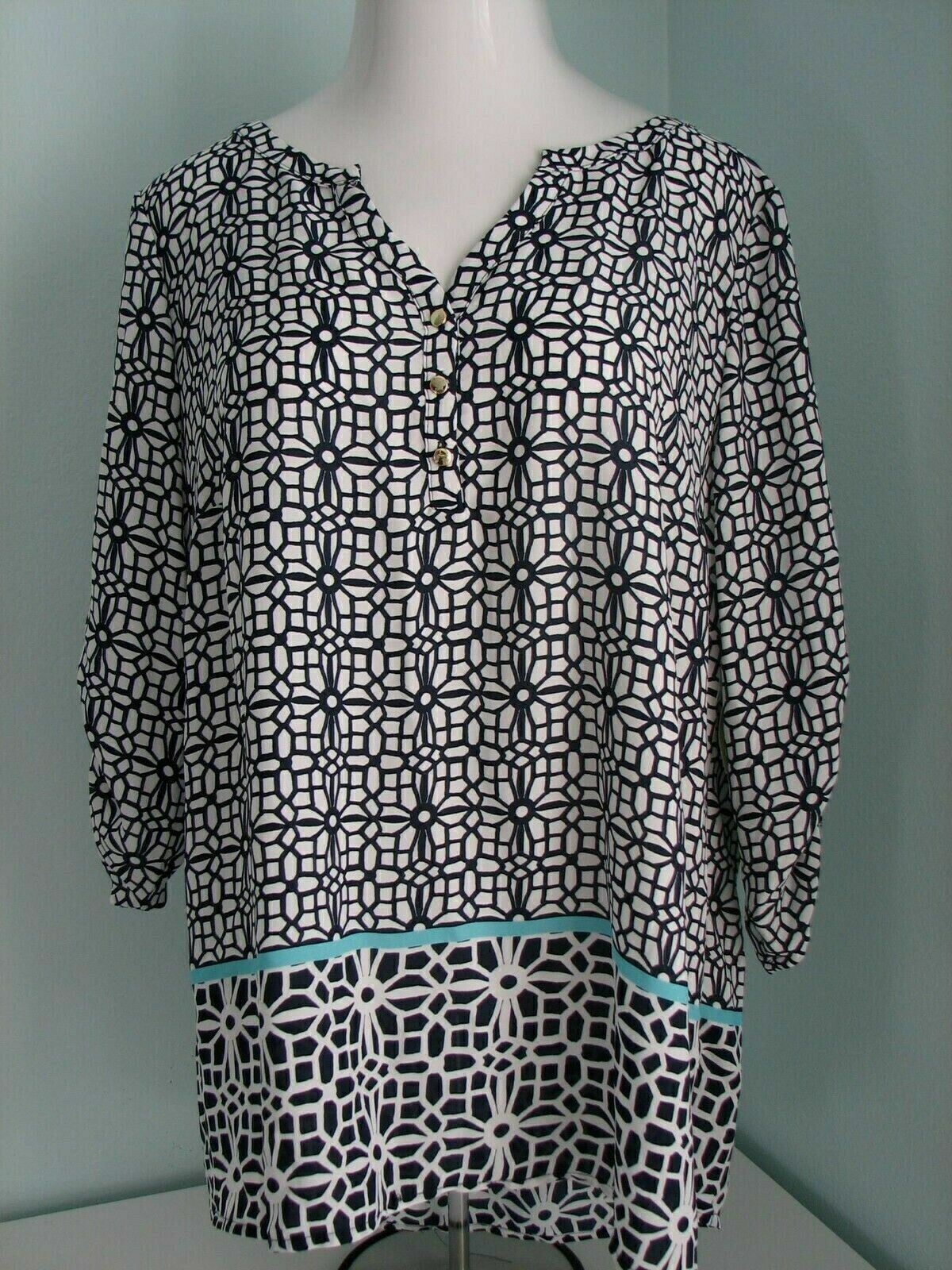 Plus Size V Neck Navy Print Tunic Top Blouse Tacera Long Length 2X