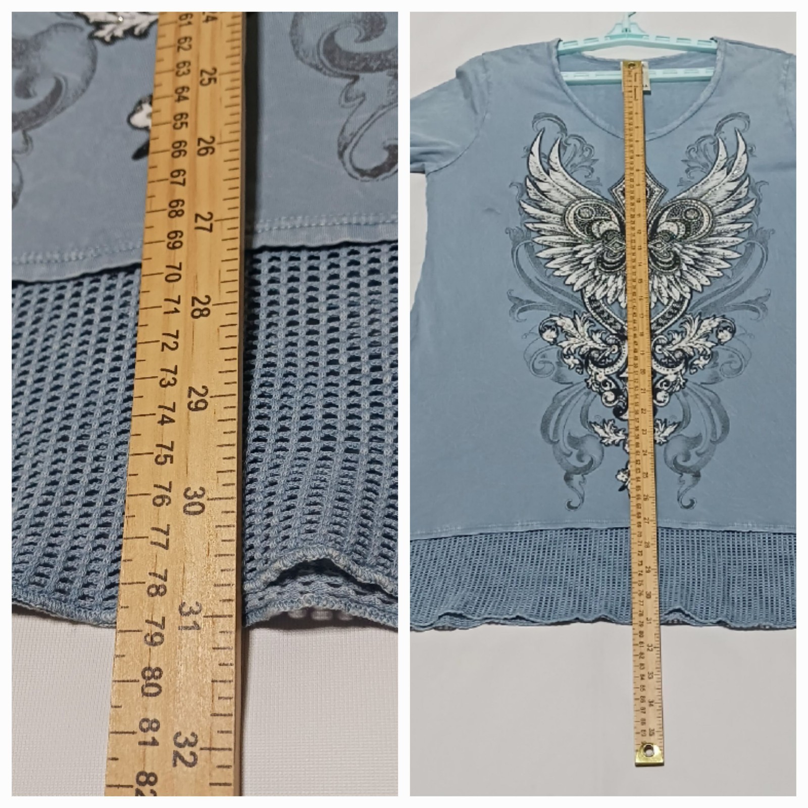 Vocal womens Y2K Wings Fleur De Lis tunic top beaded sparkly 2XL baby blue USA