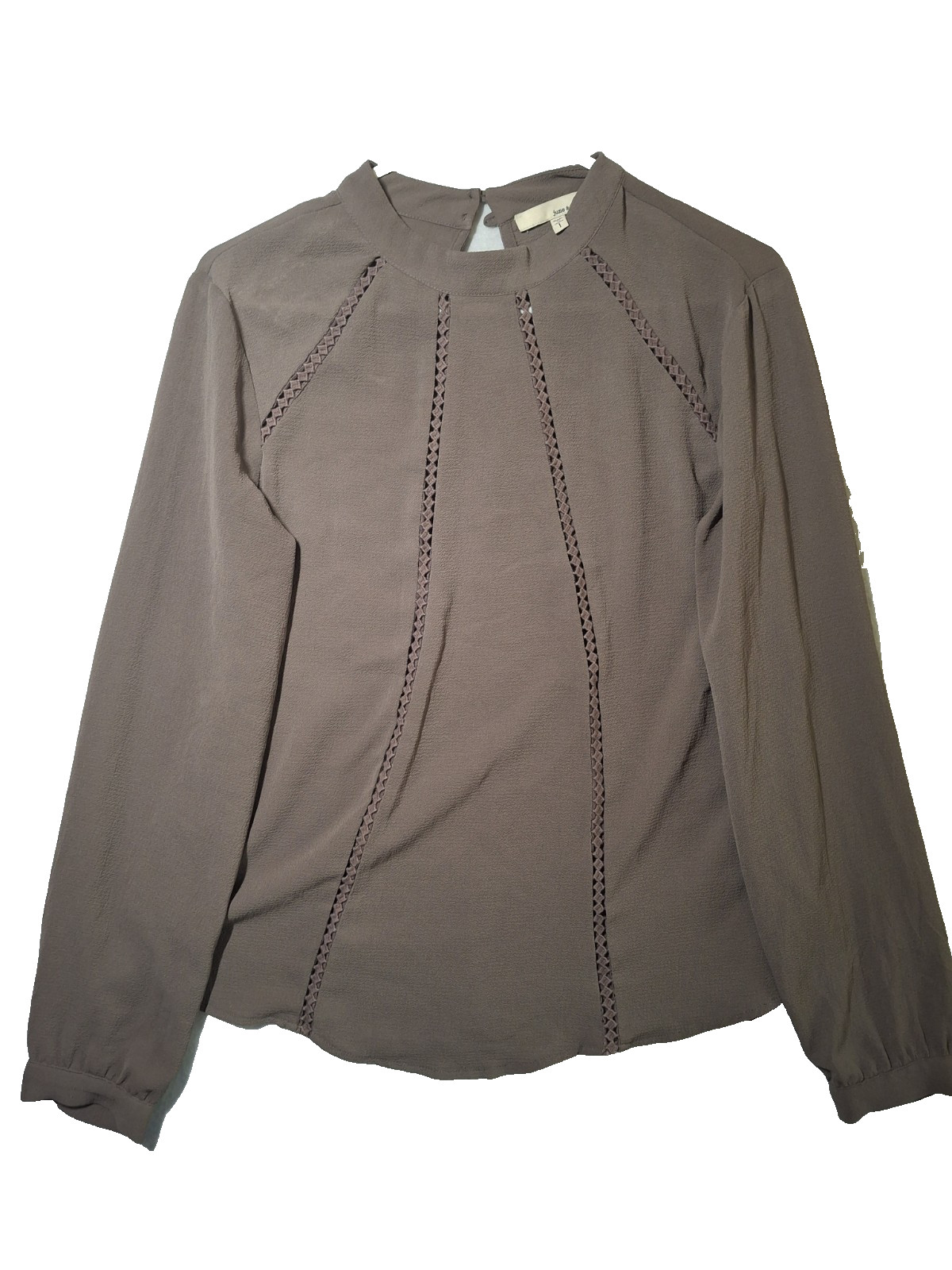 June & Hudson Taupe Boho Lace Insert Long Sleeve Blouse Size 1 (S) Cottage Chic