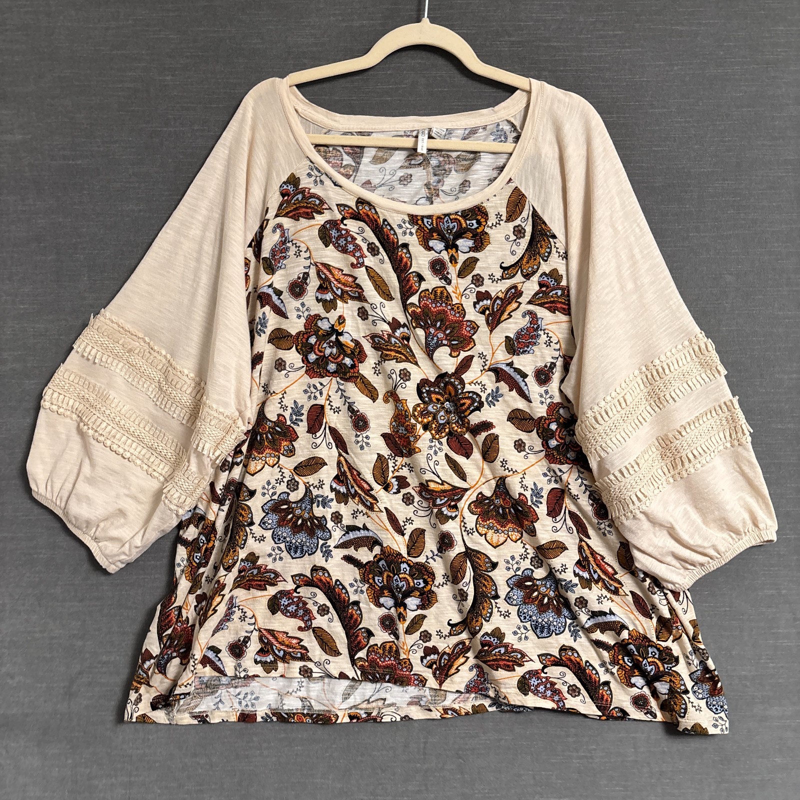 Cato Top 26/28W Brown Orange Floral Balloon Lace Fall Boho T Shirt
